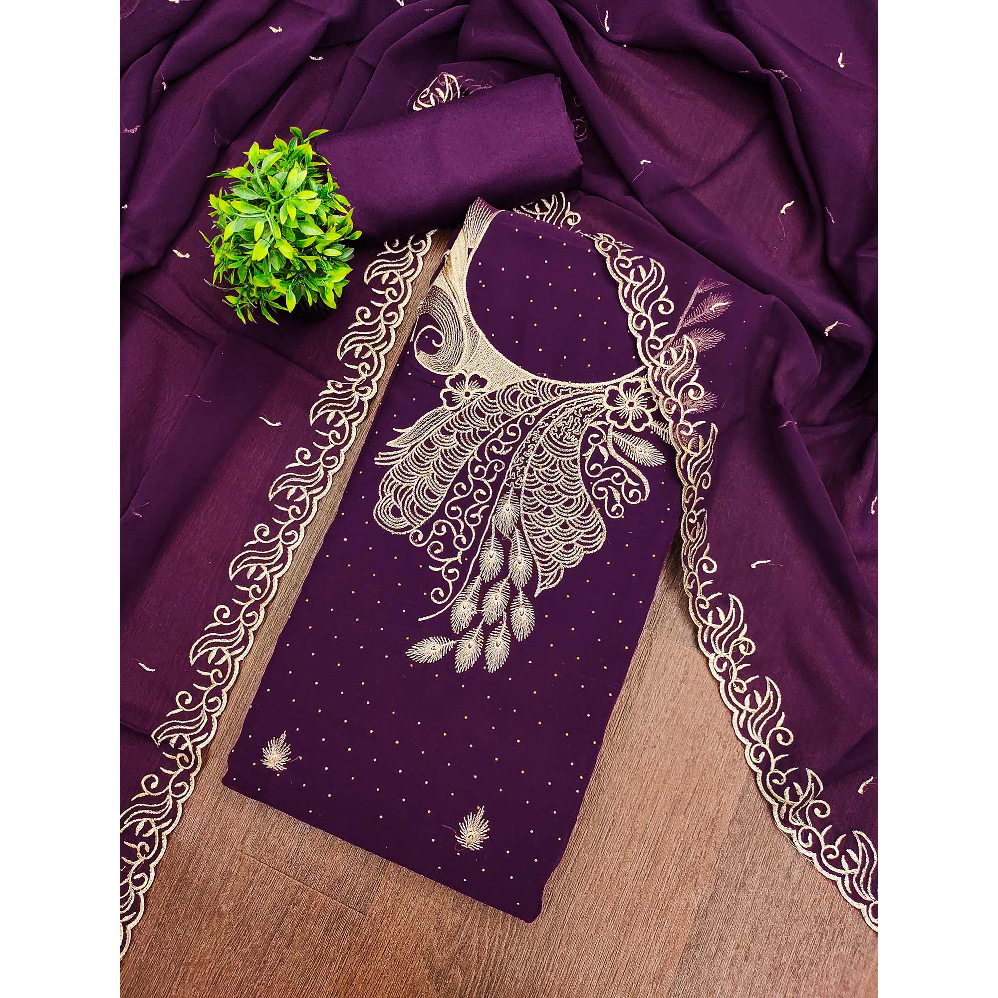 Sophisticated Purple Floral Embroidered Georgette Dress Material Enhanced With Fine Swarovski Work - Image 3
