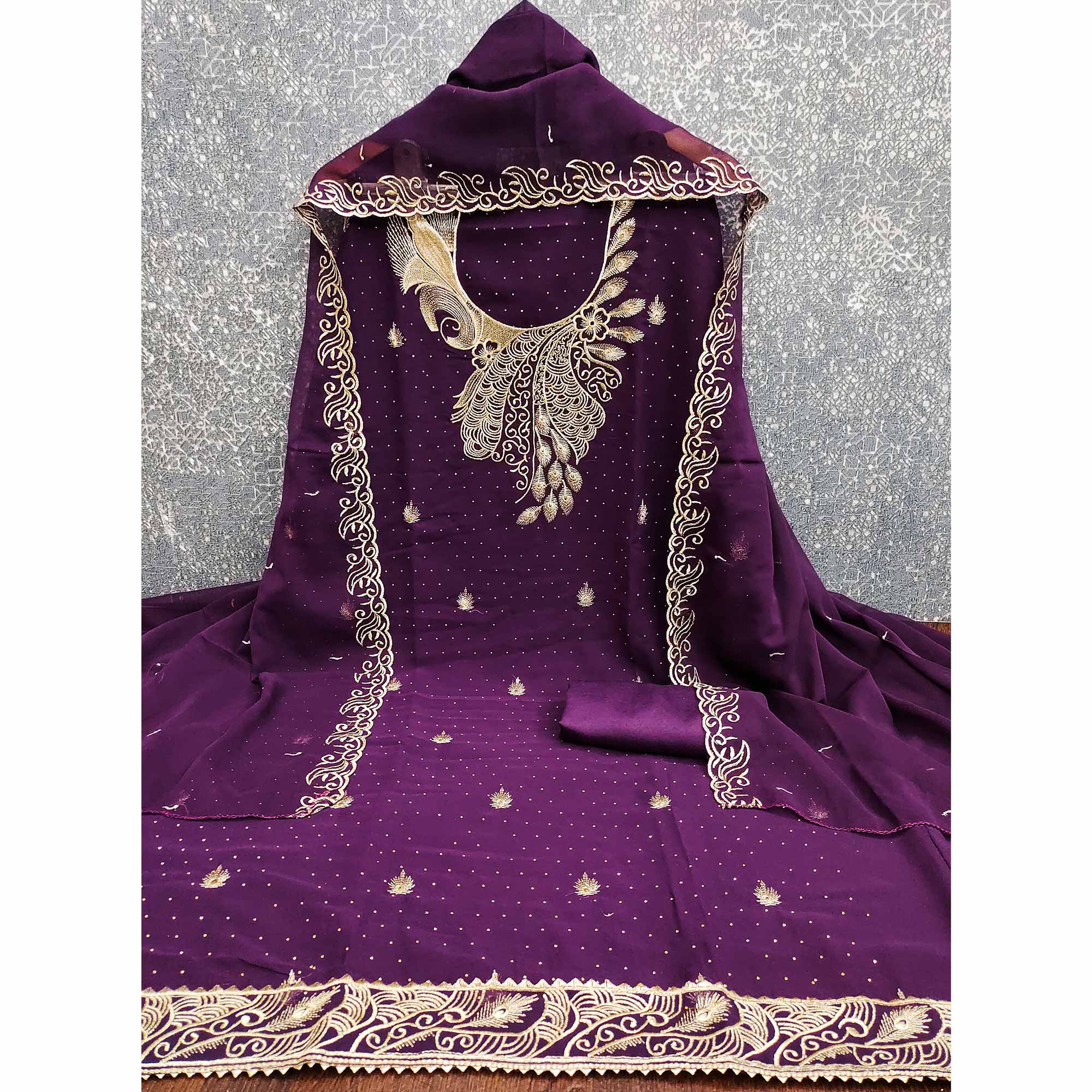 Sophisticated Purple Floral Embroidered Georgette Dress Material Enhanced With Fine Swarovski Work - Image 4