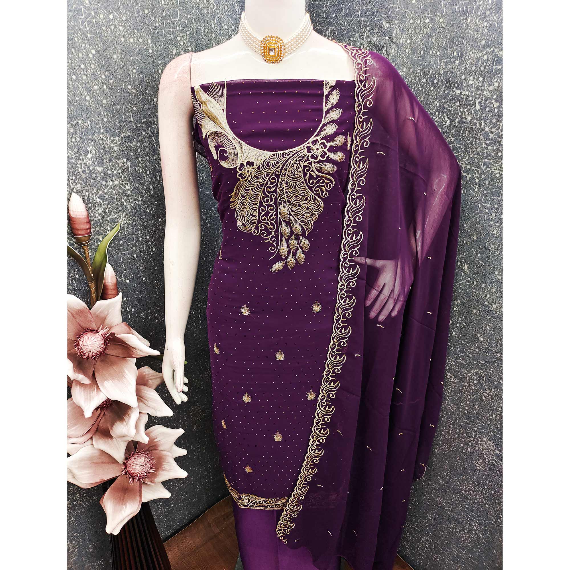 Sophisticated Purple Floral Embroidered Georgette Dress Material Enhanced With Fine Swarovski Work - Image 5