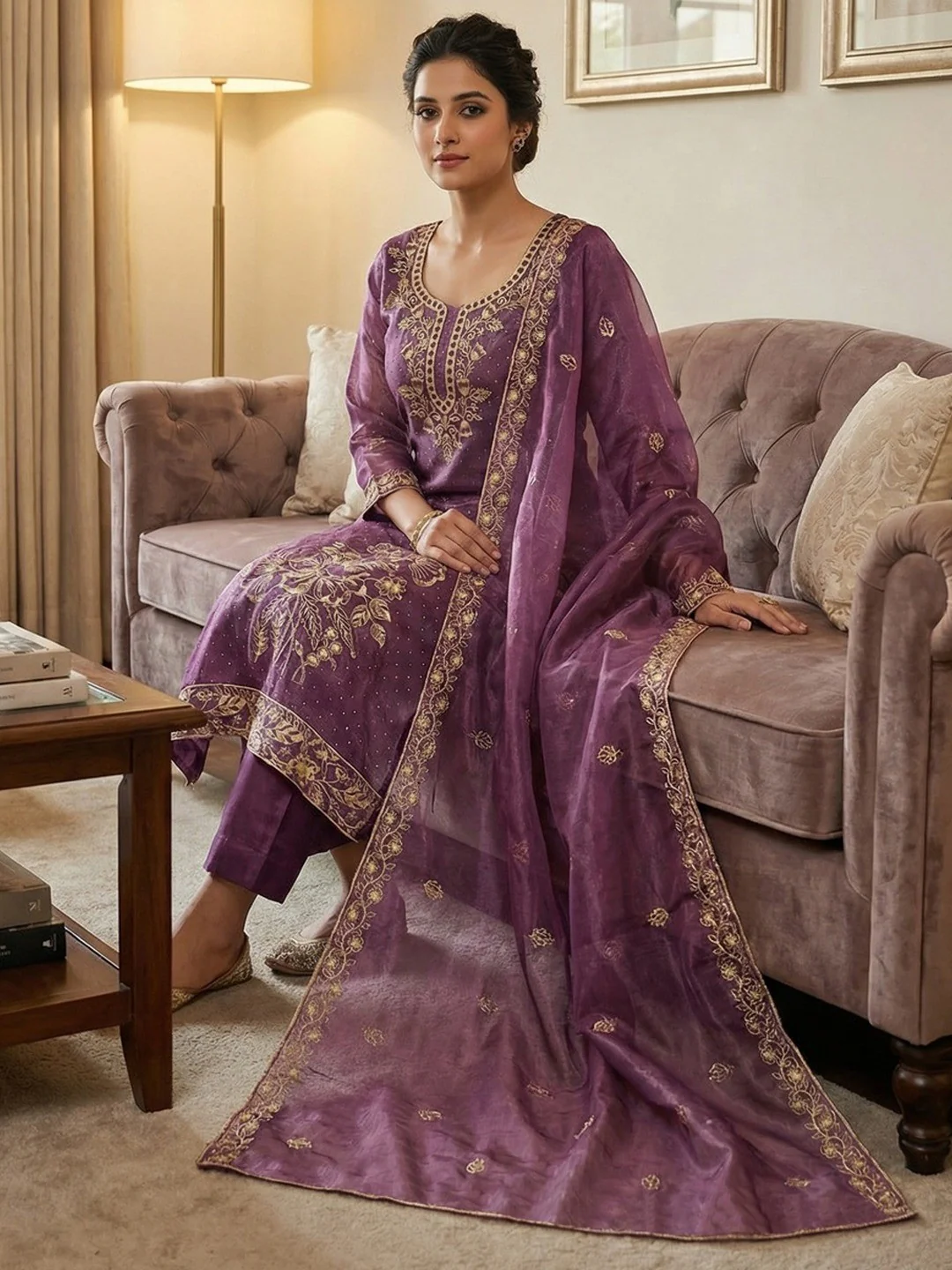 Sophisticated Purple Floral Embroidered Organza Dress Material With Fine Swarovski Accents