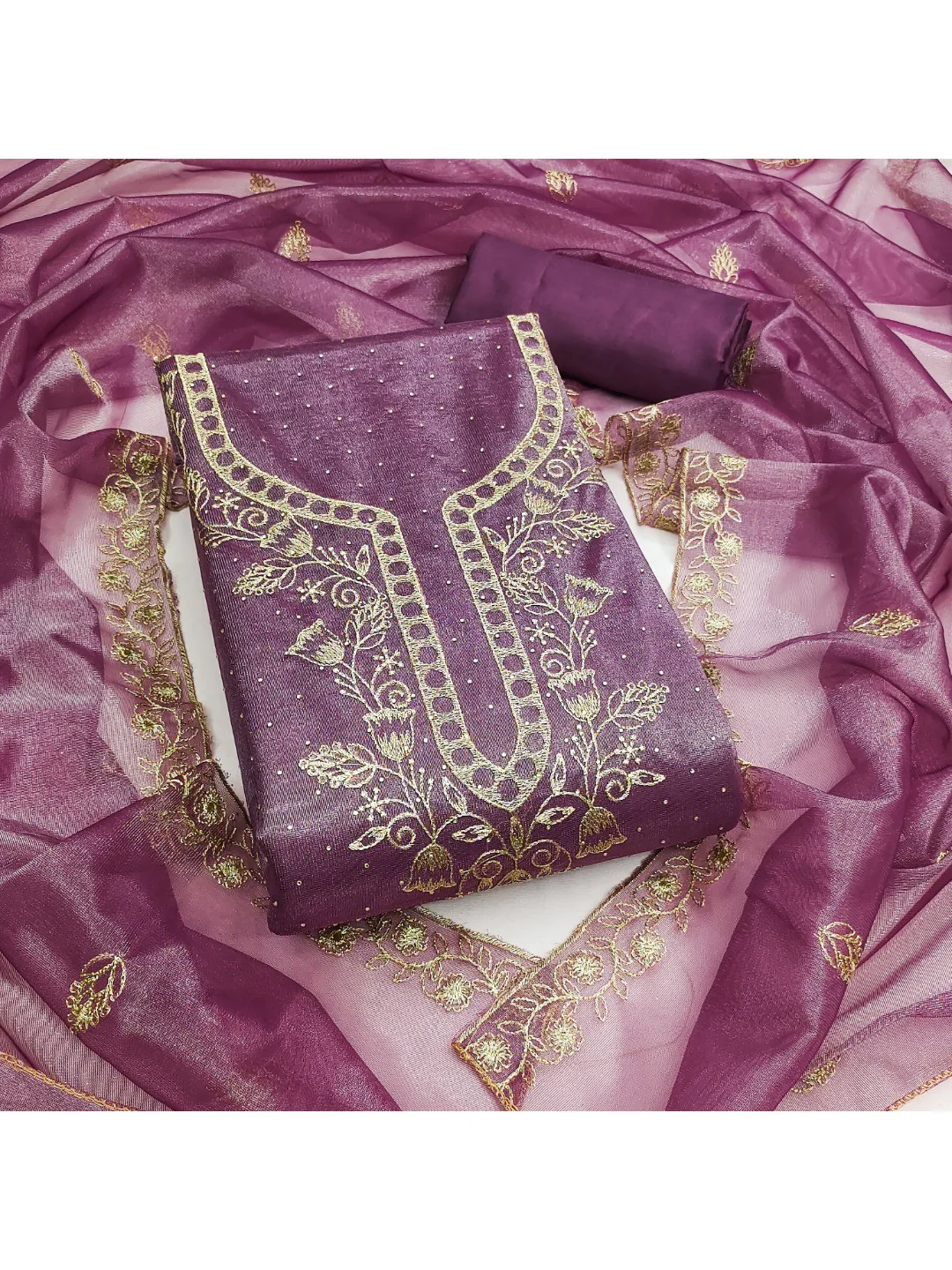Sophisticated Purple Floral Embroidered Organza Dress Material With Fine Swarovski Accents - Image 3