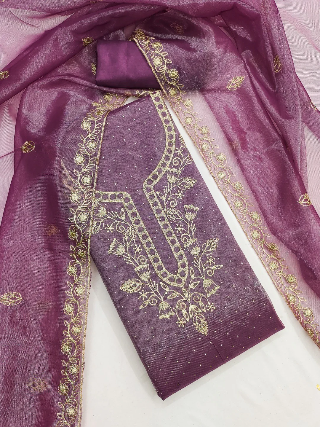 Sophisticated Purple Floral Embroidered Organza Dress Material With Fine Swarovski Accents - Image 5