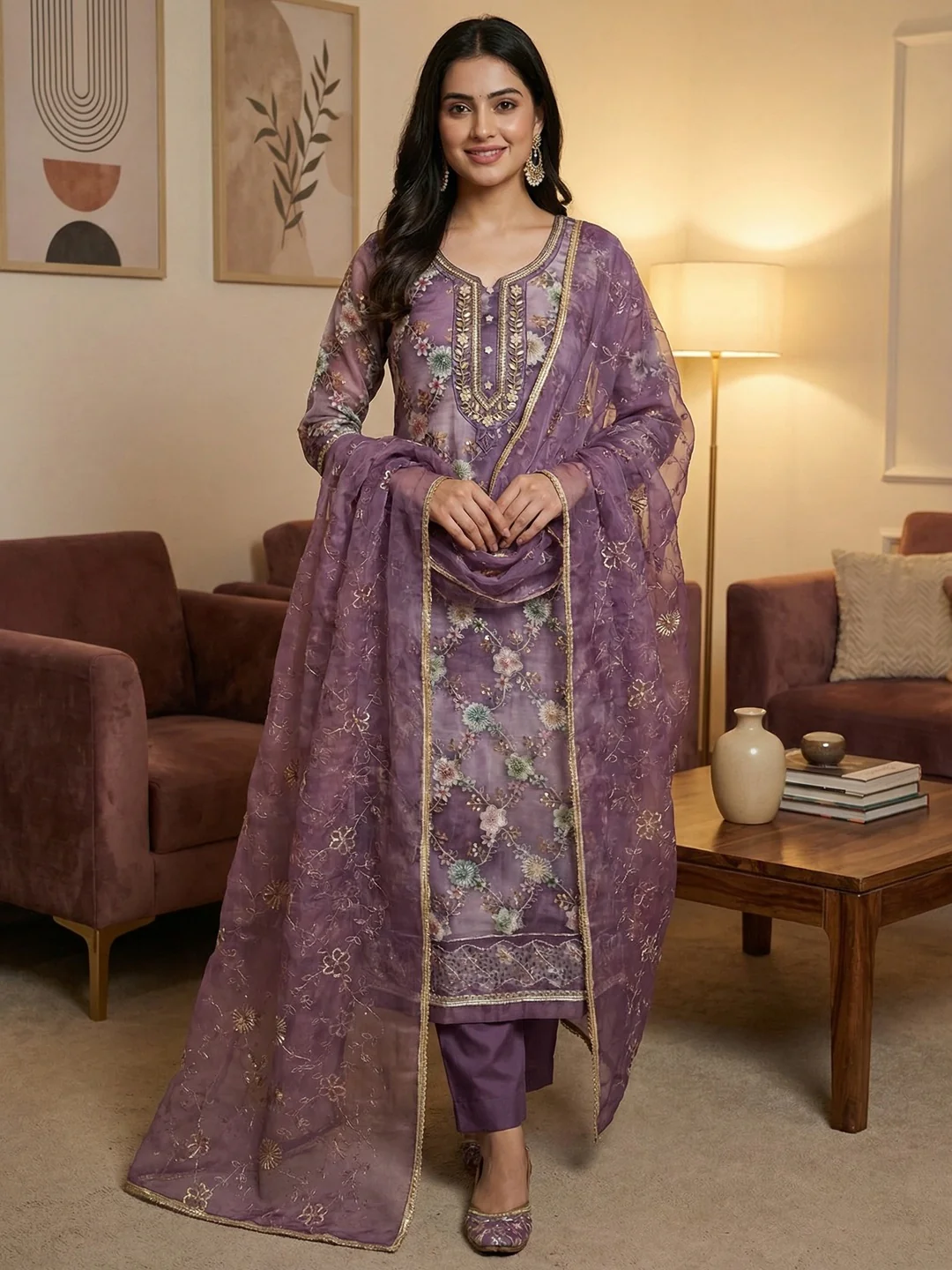 Sophisticated Purple Floral Print Organza Dress Material With Sequins Embroidery & Moti Handwork