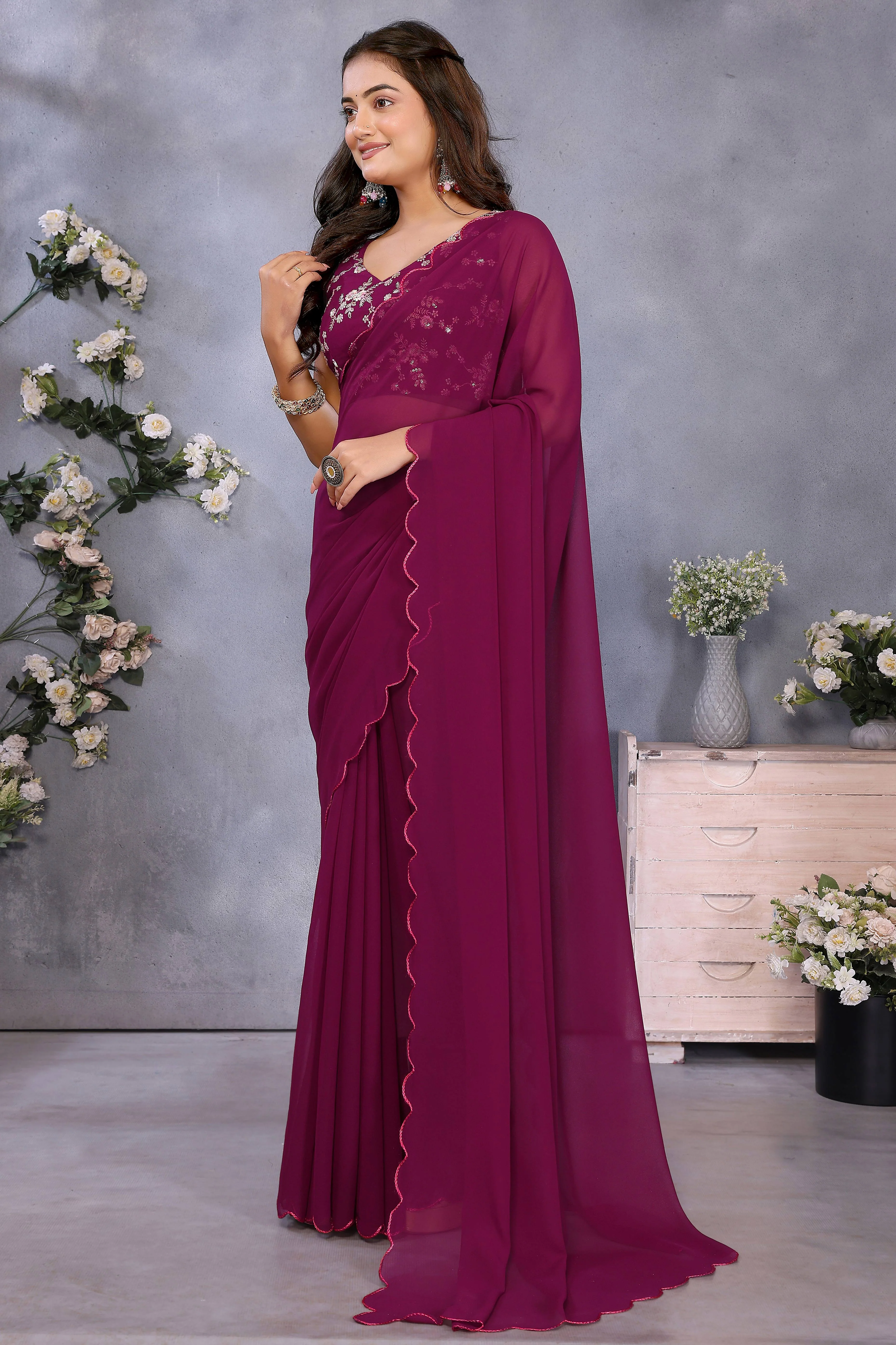Sophisticated Purple Party Wear Saree in Georgette Fabric With Embellished Blouse - Image 4