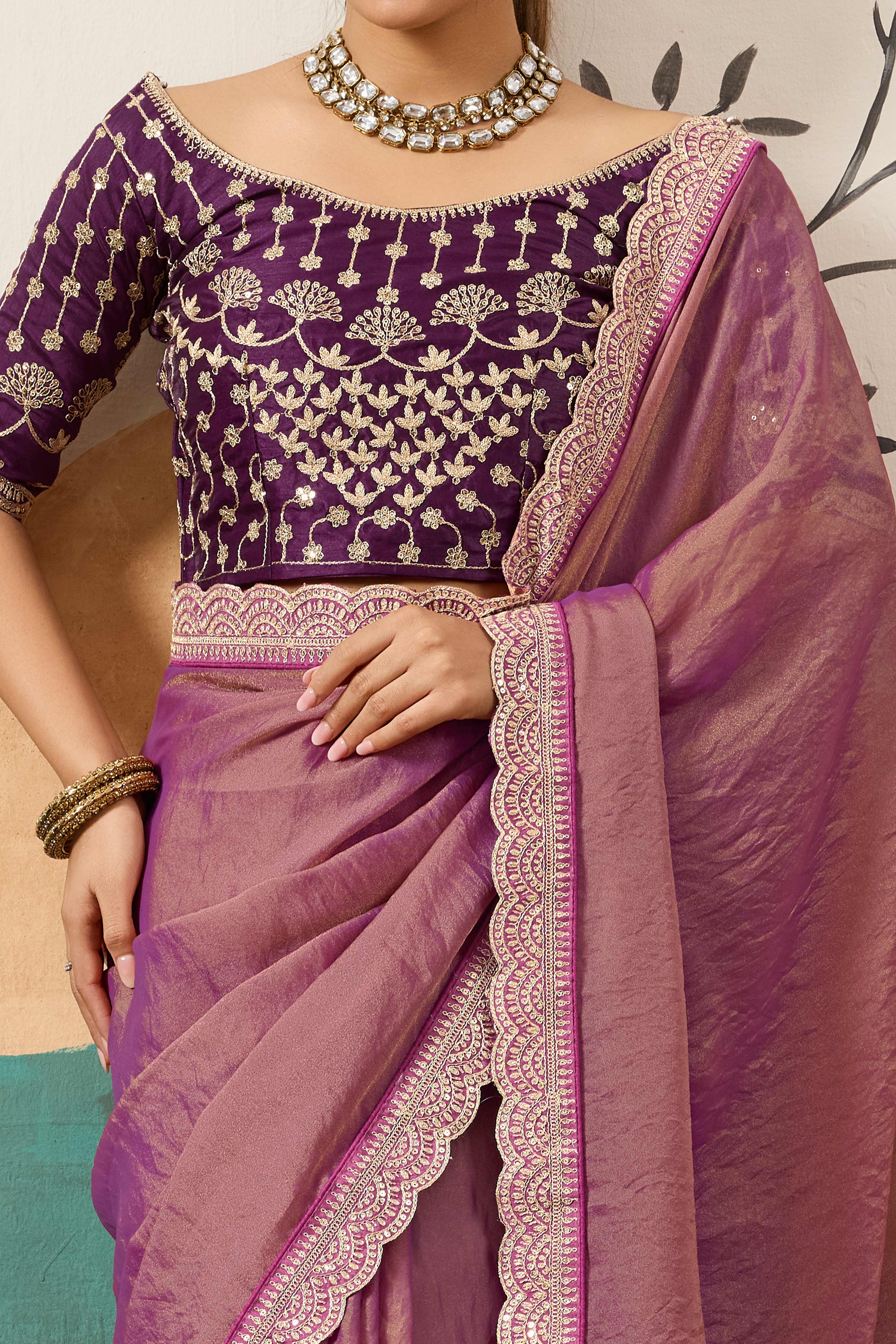 Sophisticated Purple Solid Moss Orgnaza Saree With Intricate Cording Sequins Embroidery Border - Image 2
