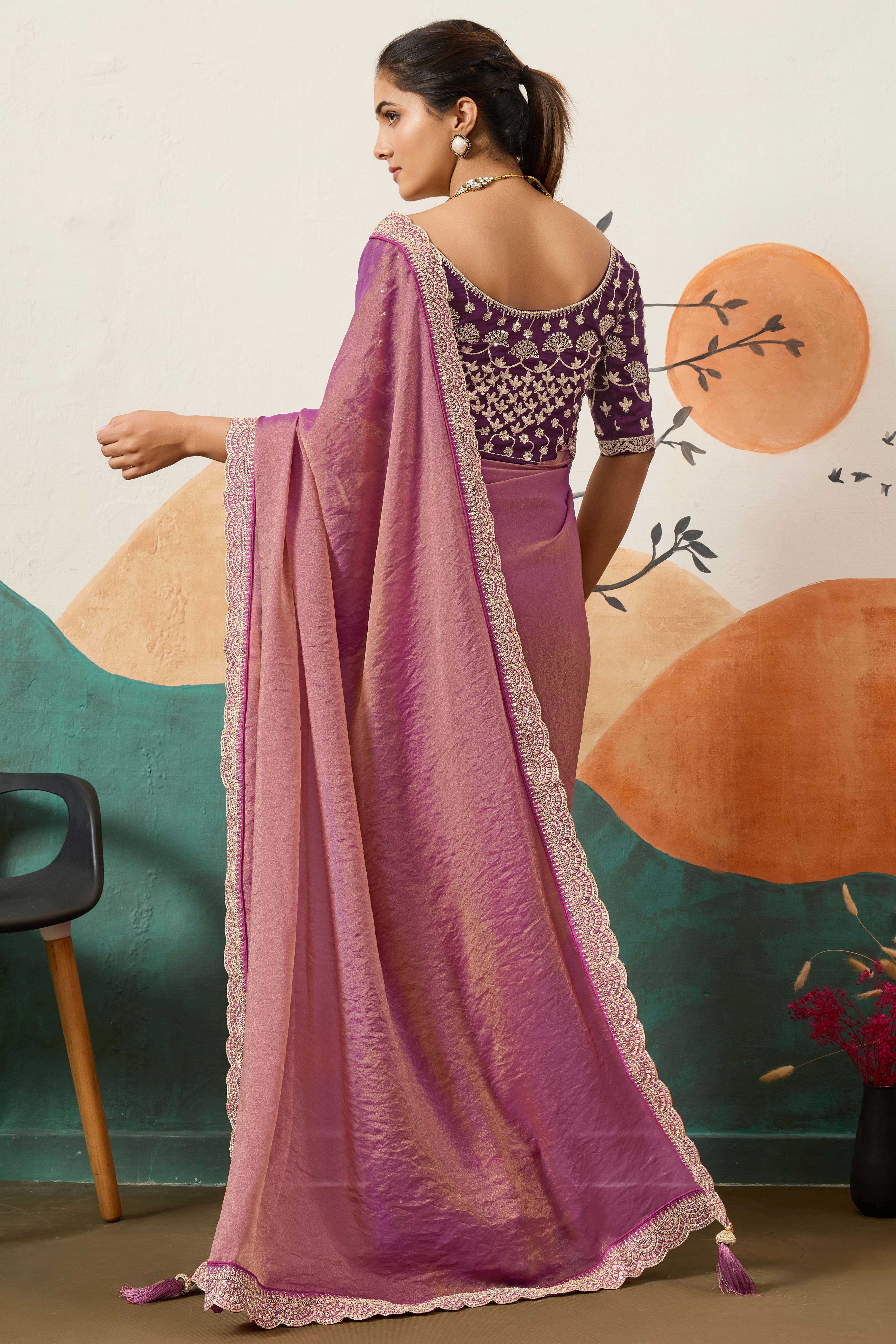 Sophisticated Purple Solid Moss Orgnaza Saree With Intricate Cording Sequins Embroidery Border - Image 4