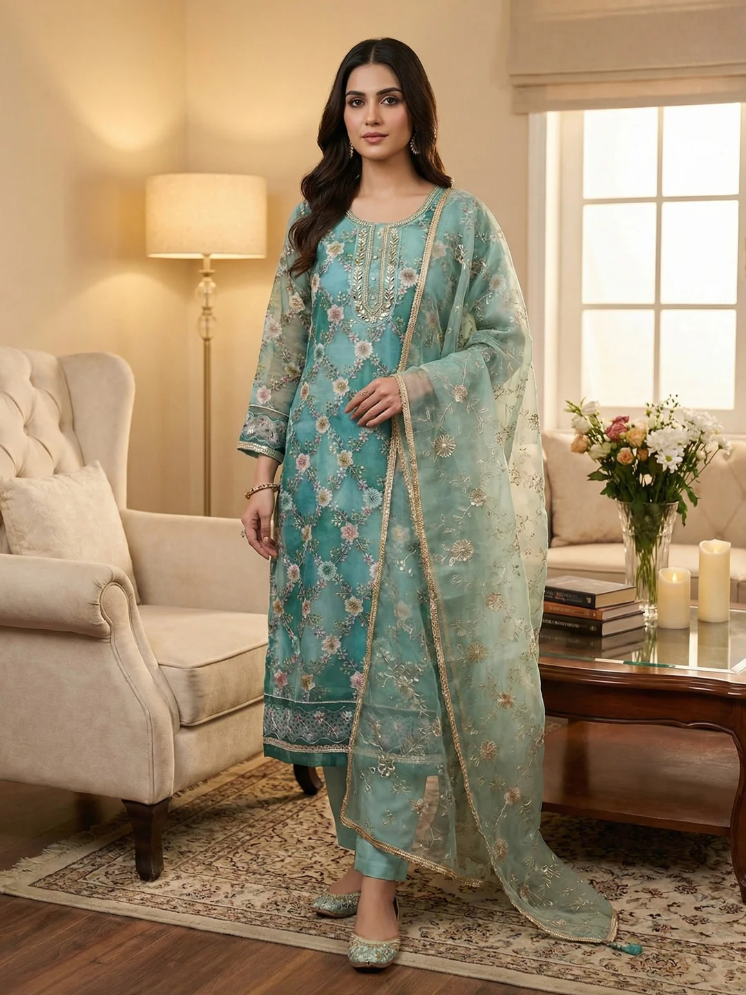 Sophisticated Rama Blue Floral Print Organza Dress Material With Sequins Embroidery & Moti Handwork