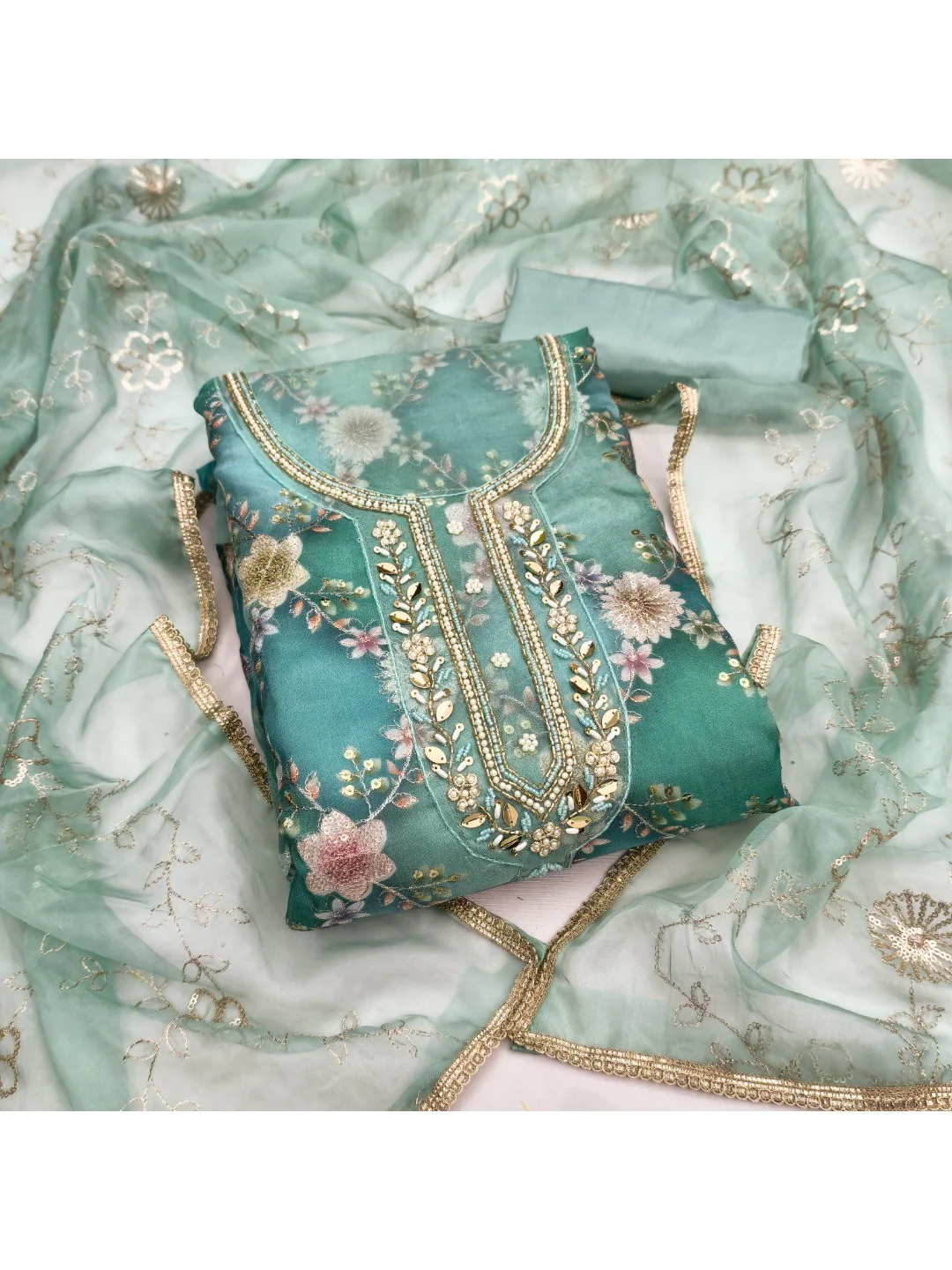 Sophisticated Rama Blue Floral Print Organza Dress Material With Sequins Embroidery & Moti Handwork - Image 4
