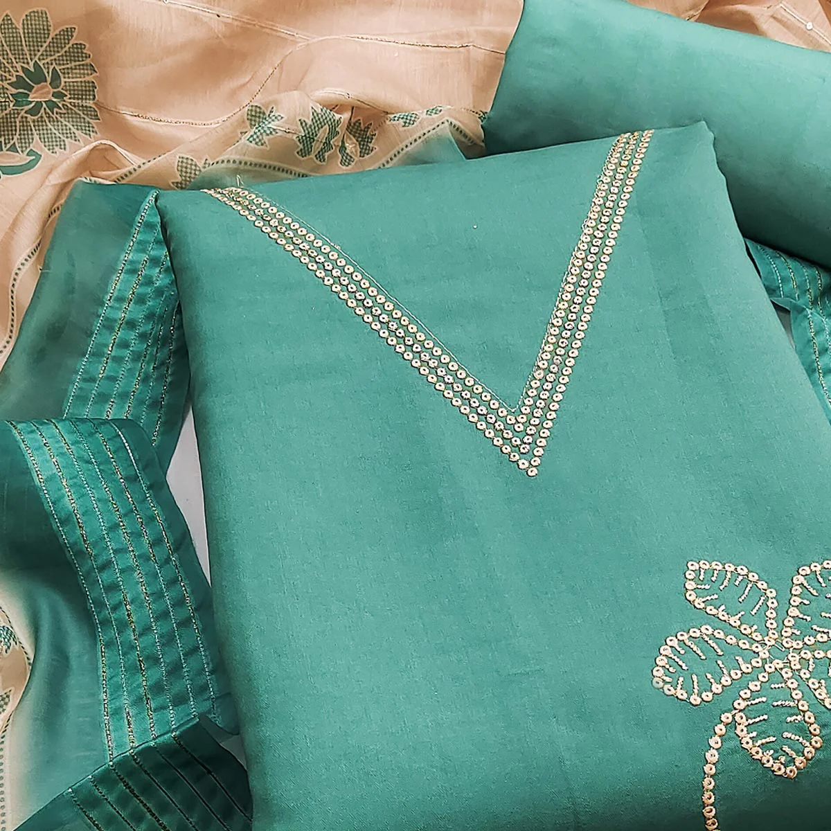 Sophisticated Turquoise Floral Embroidered Roman Cotton Silk Dress Material With Shimmering Sequins - Image 2