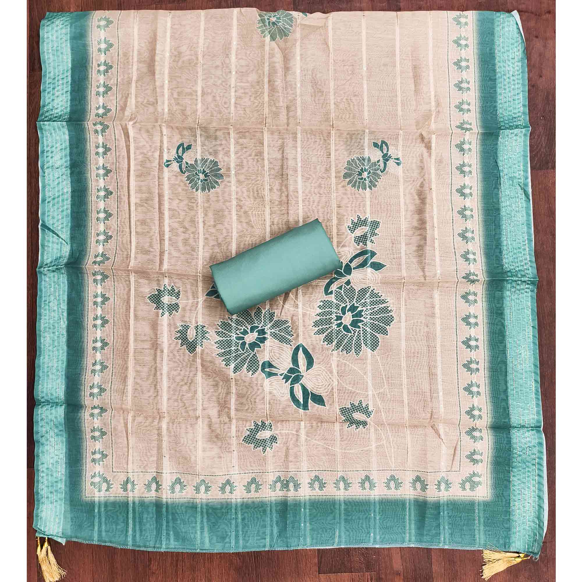 Sophisticated Turquoise Floral Embroidered Roman Cotton Silk Dress Material With Shimmering Sequins - Image 5