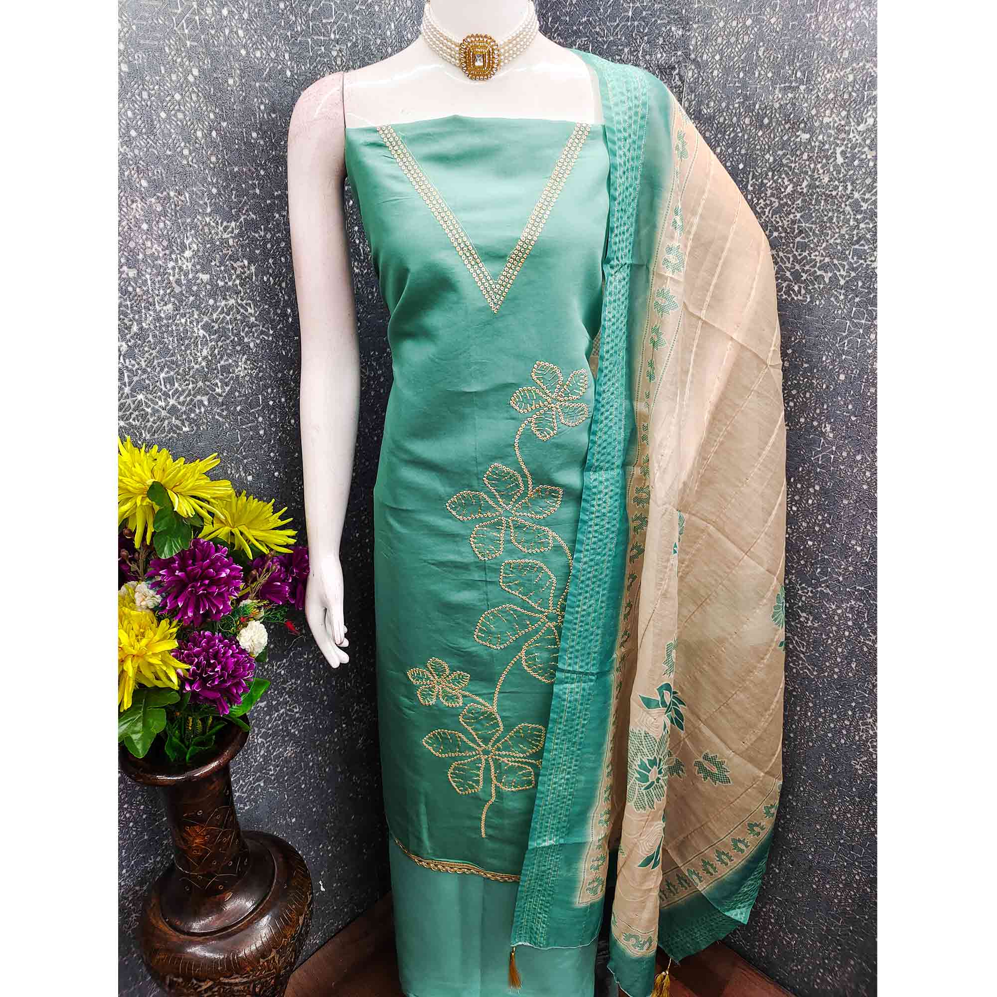 Sophisticated Turquoise Floral Embroidered Roman Cotton Silk Dress Material With Shimmering Sequins - Image 6