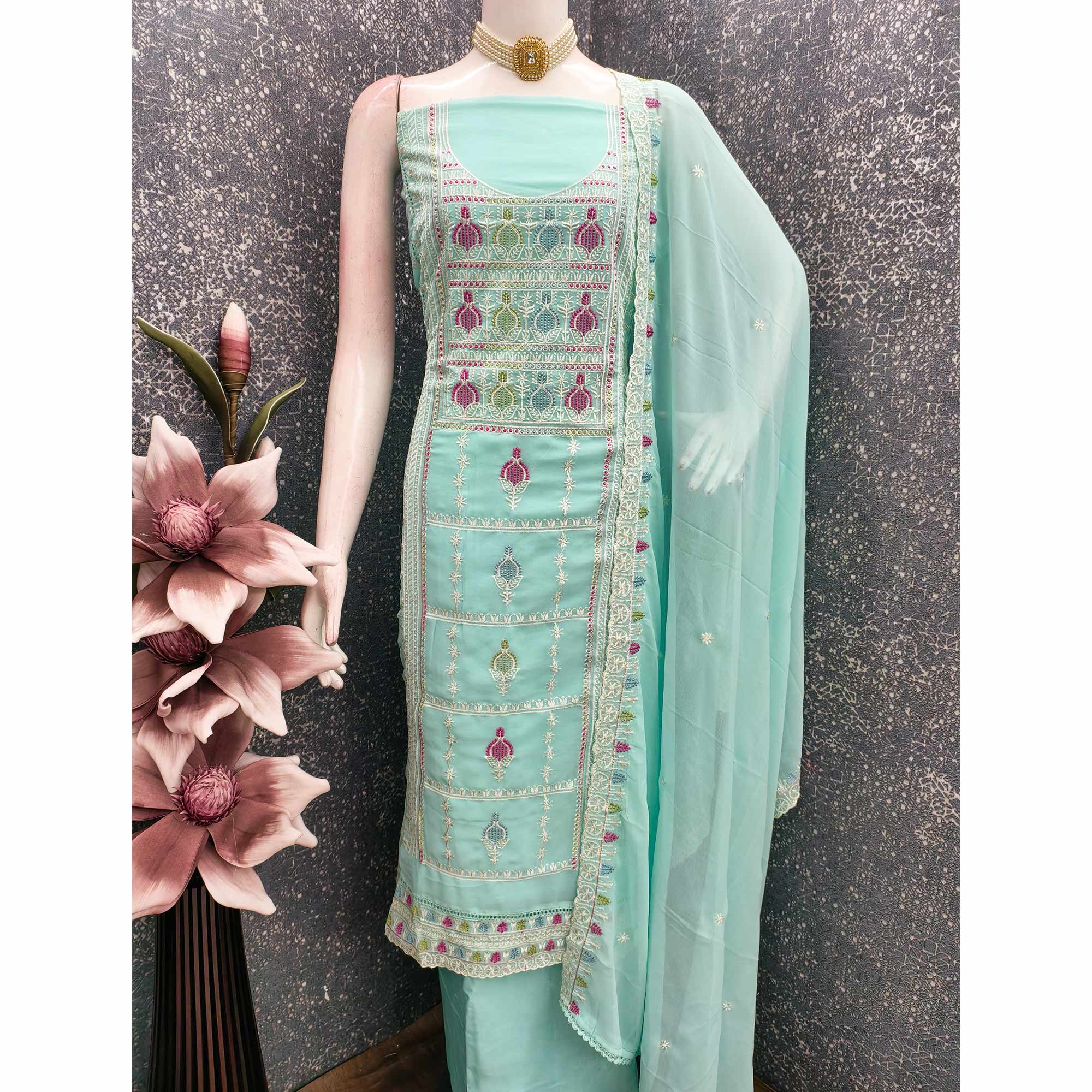 Sophisticated Turquoise Georgette Dress Material Accented With Ornate Floral Thread Embroidery - Image 3
