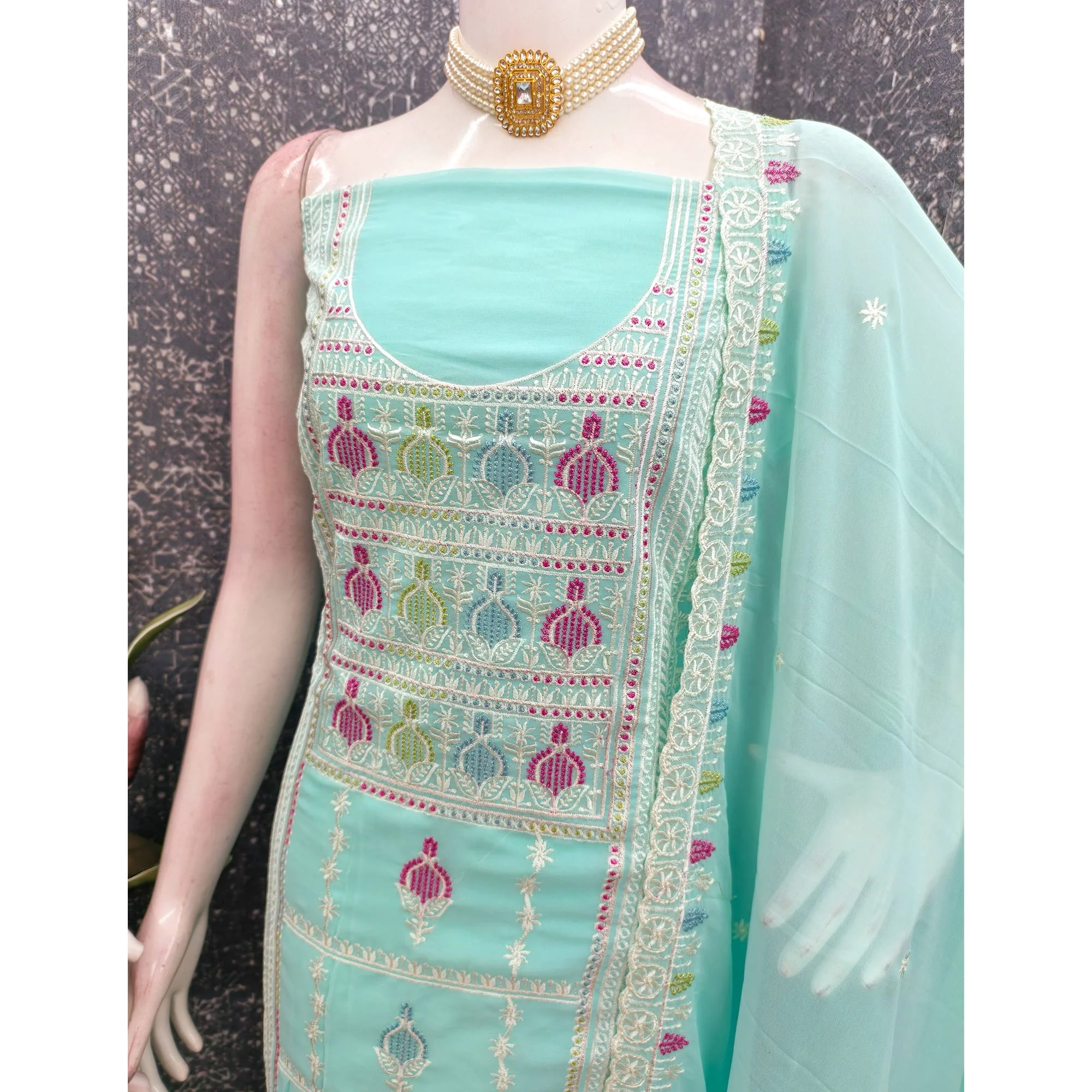 Sophisticated Turquoise Georgette Dress Material Accented With Ornate Floral Thread Embroidery - Image 4