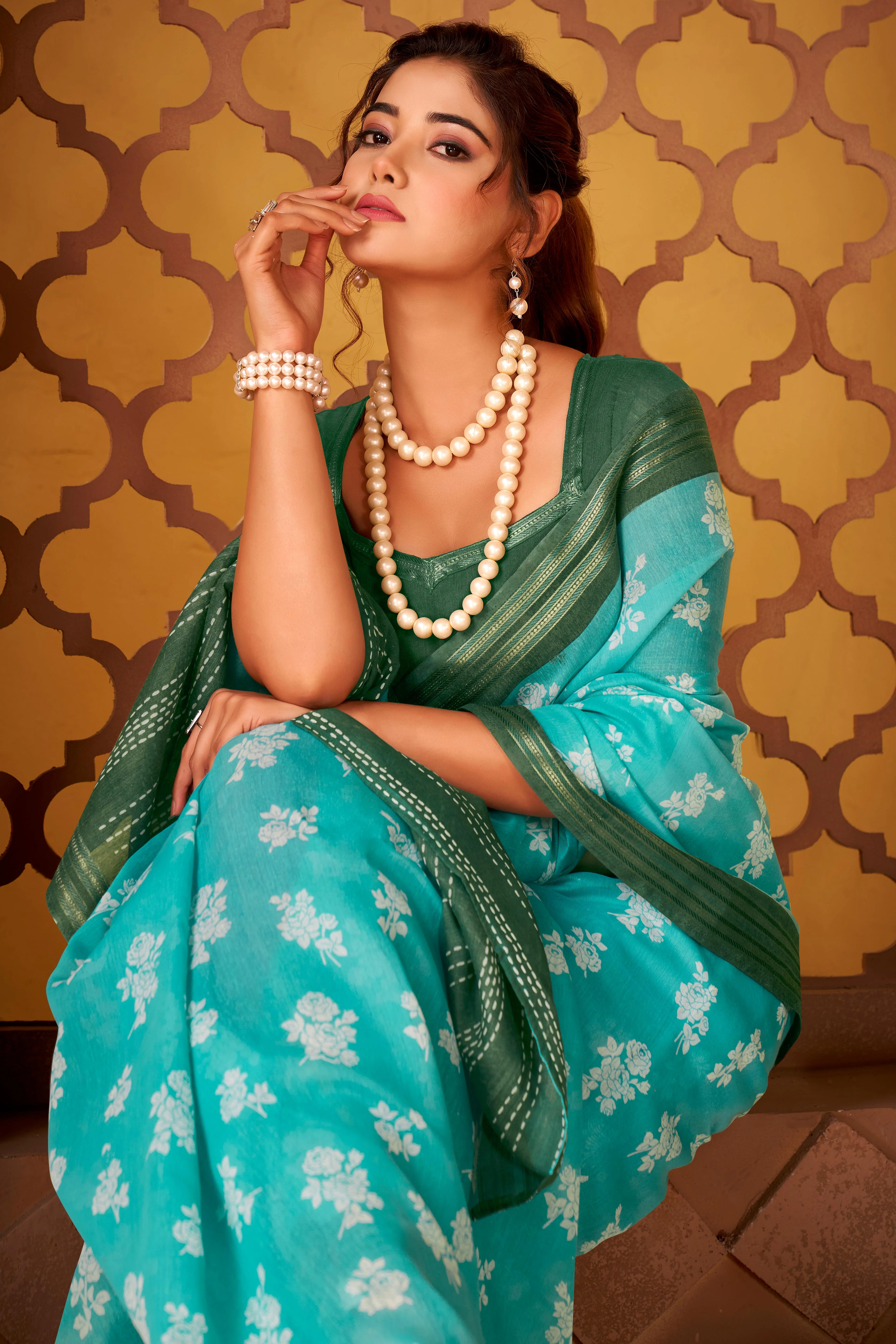 Sophisticated Turquoise Mulmul Cotton Saree Featuring Delicate Floral Prints & Weaving Border - Image 5