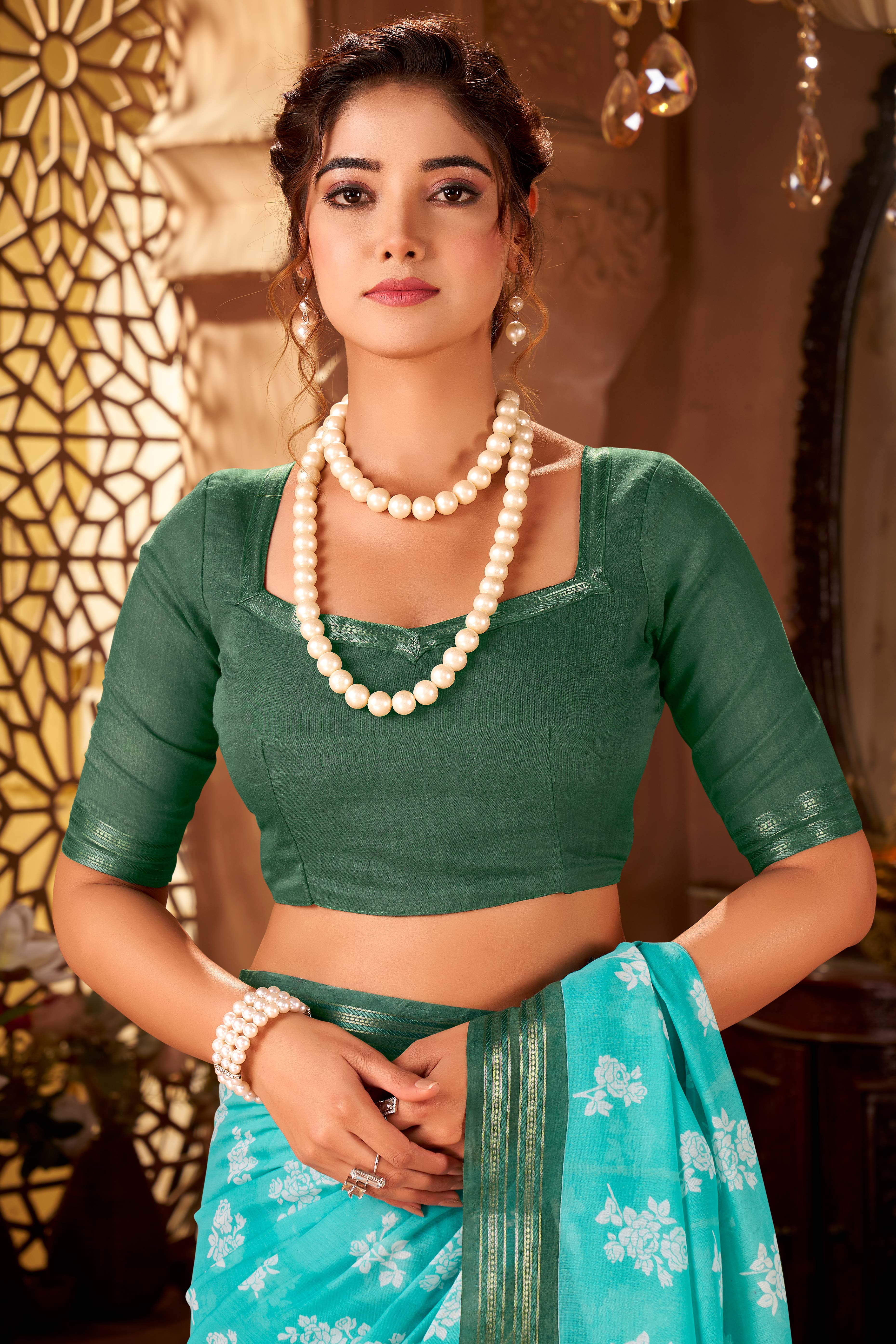 Sophisticated Turquoise Mulmul Cotton Saree Featuring Delicate Floral Prints & Weaving Border - Image 6