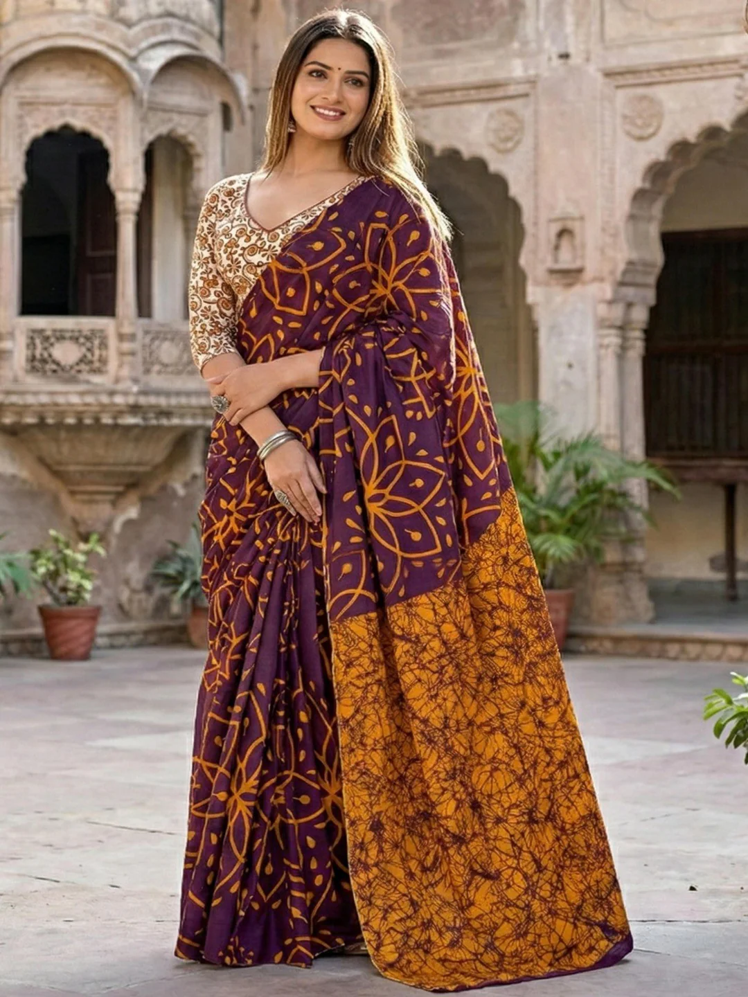 Sophisticated Wine Floral Printed Mulmul Cotton Saree With Unique Abstract Pattern Pallu
