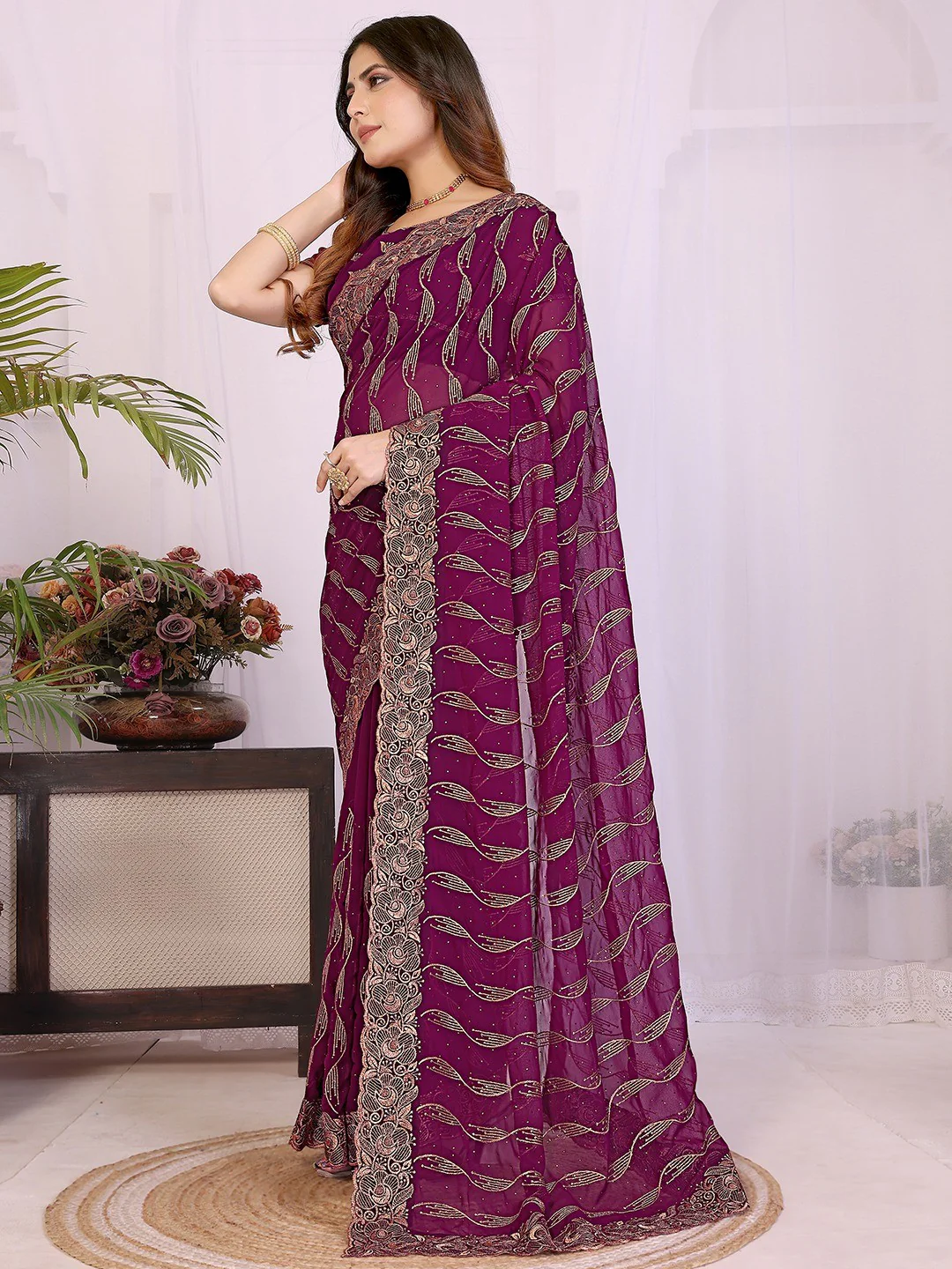 Sophisticated Wine Floral Zari Work Star Georgette Saree With Swarovski Embellishment - Image 4