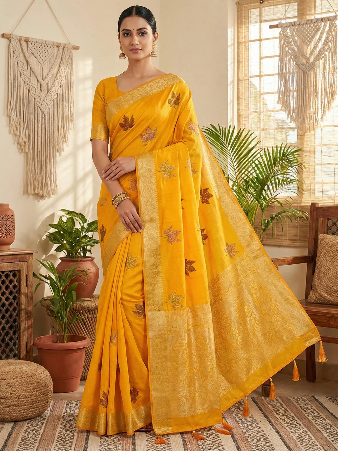 Sophisticated Yellow Cotton Blend Saree Enhanced With Leaf Embroidery & Lustrous Zari Weaving