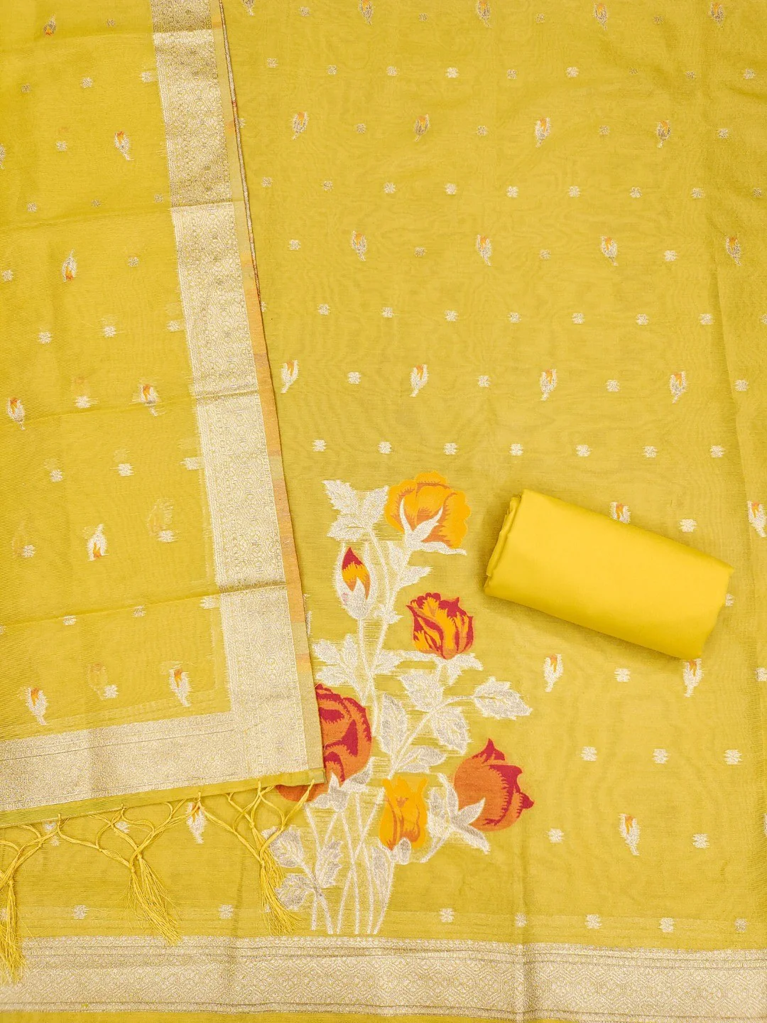 Sophisticated Yellow Floral Weaving Tissue Shimmer Jacquard Dress Material - Image 5
