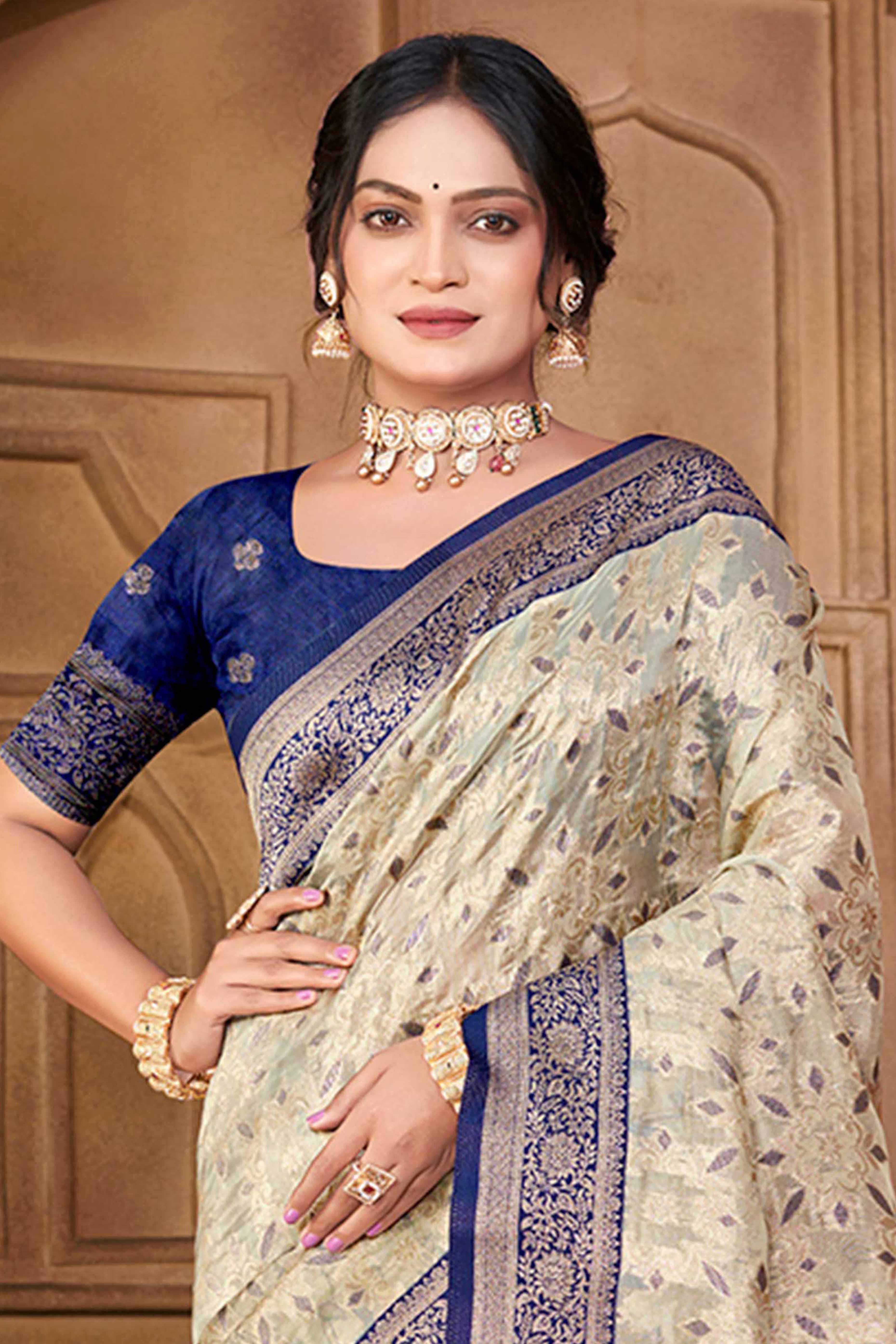 Stunning Beige & Navy Blue Floral Weaving Silk Blend Saree Enhanced With A Stylish Tassel Pallu - Image 3