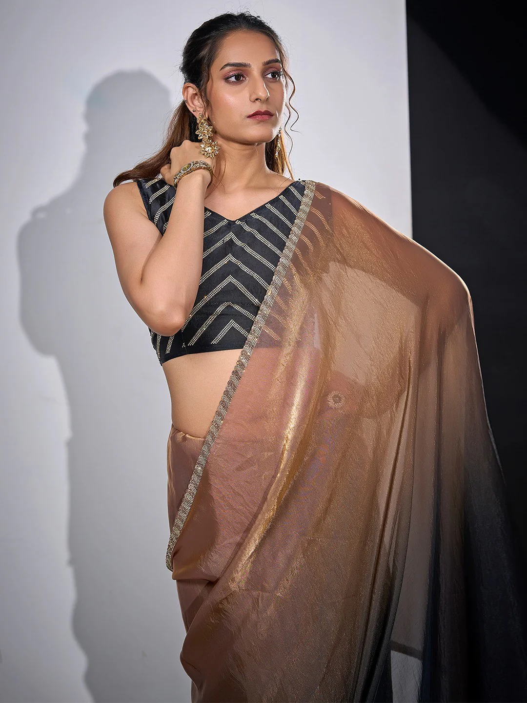 Stunning Black & Brown Satin Silk Ombre Saree Adorned With Sparkling Stone Work Border - Image 3