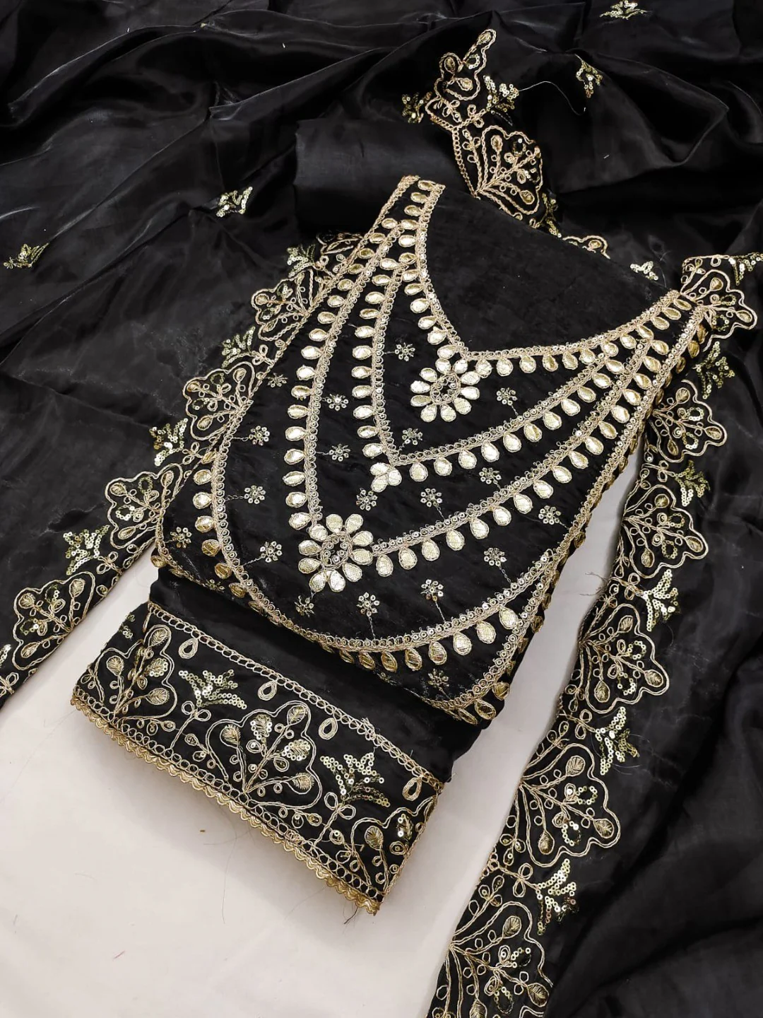 Stunning Black Floral Art Silk Dress Material Adorned With Gota Patti & Sequins Embroidery - Image 3