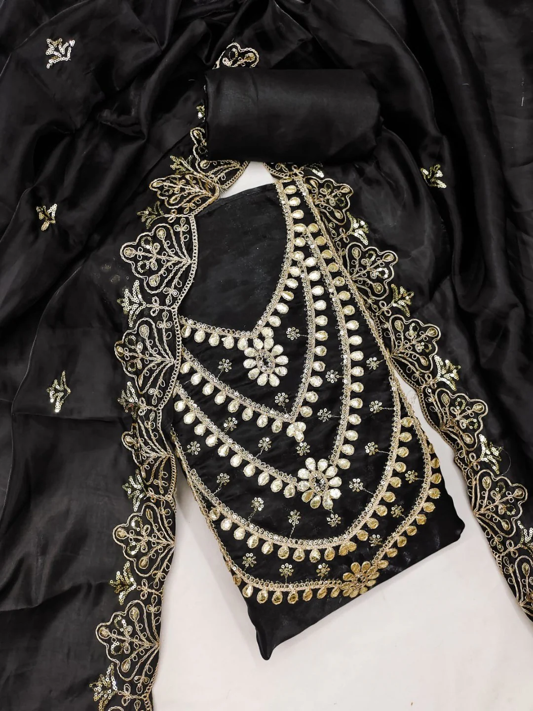 Stunning Black Floral Art Silk Dress Material Adorned With Gota Patti & Sequins Embroidery - Image 4