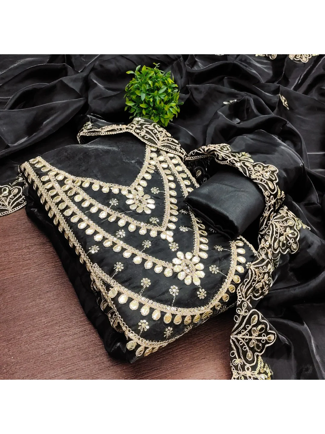Stunning Black Floral Art Silk Dress Material Adorned With Gota Patti & Sequins Embroidery - Image 5