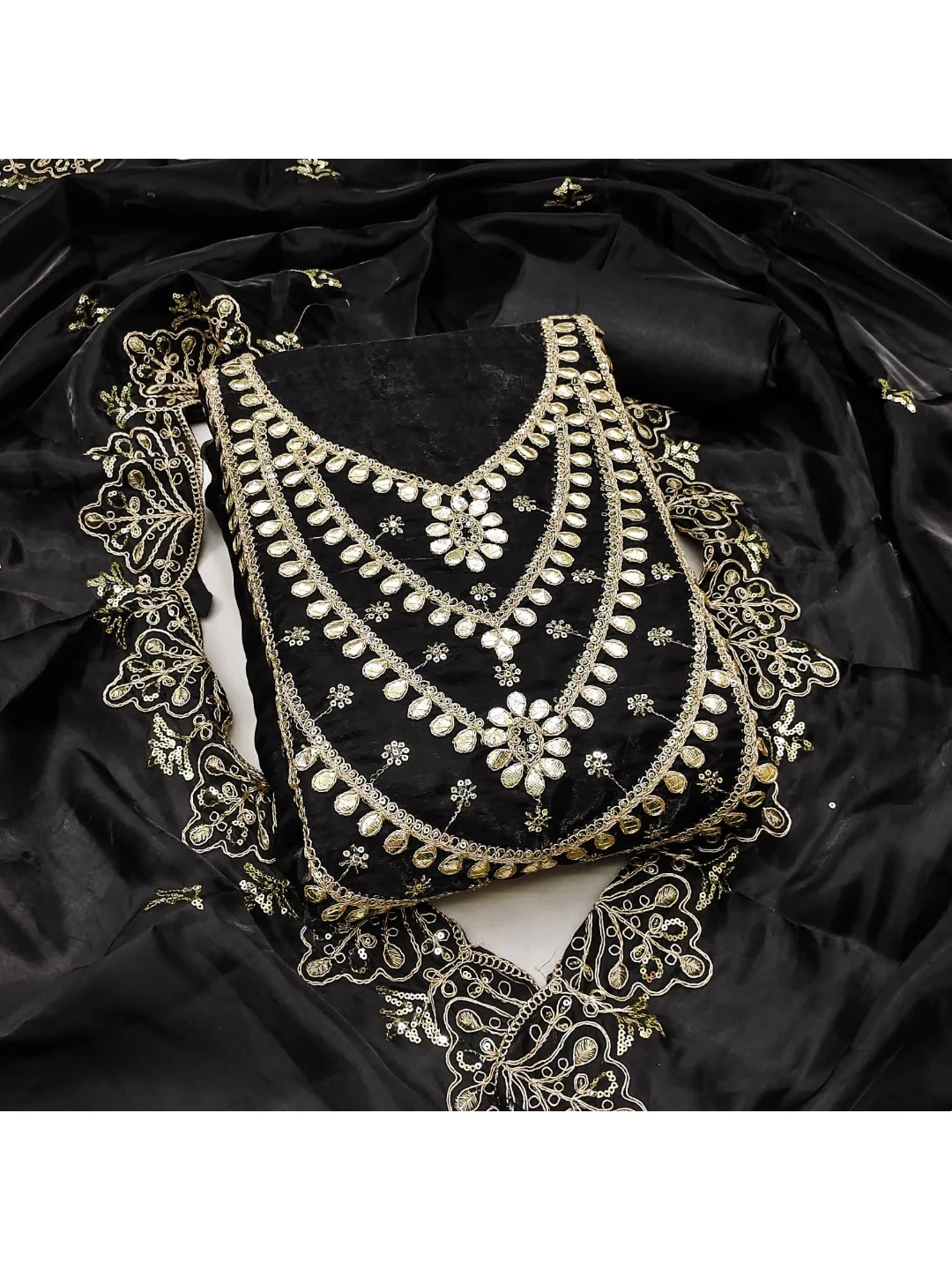 Stunning Black Floral Art Silk Dress Material Adorned With Gota Patti & Sequins Embroidery - Image 6