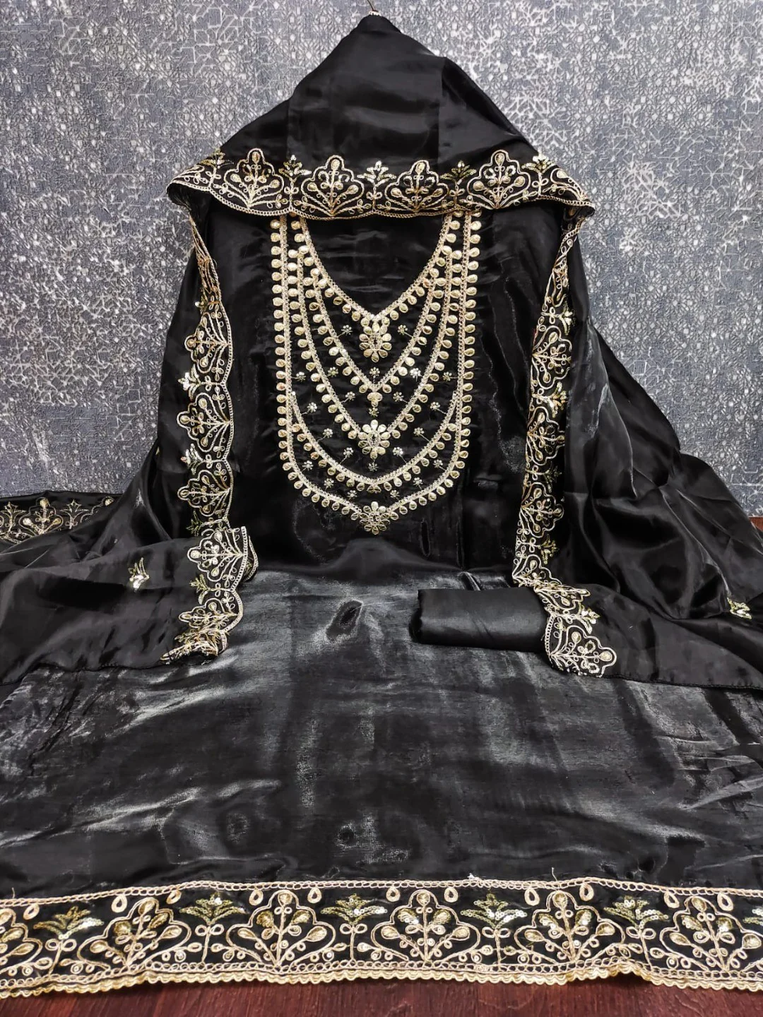 Stunning Black Floral Art Silk Dress Material Adorned With Gota Patti & Sequins Embroidery - Image 7