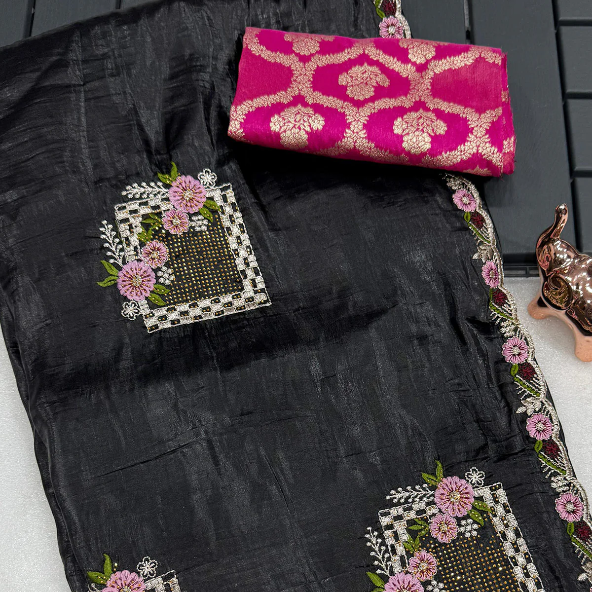 Stunning Black Floral Embroidery & Swarovski Adorned Paper Silk Saree with Cutwork Border - Image 2