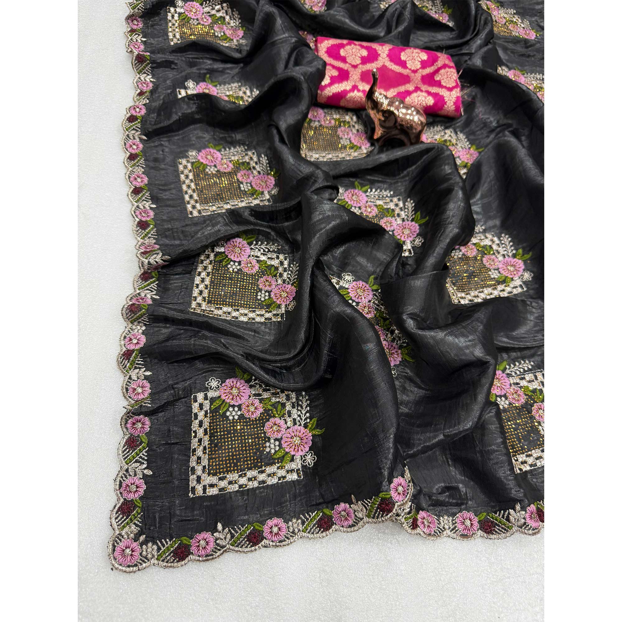 Stunning Black Floral Embroidery & Swarovski Adorned Paper Silk Saree with Cutwork Border - Image 4
