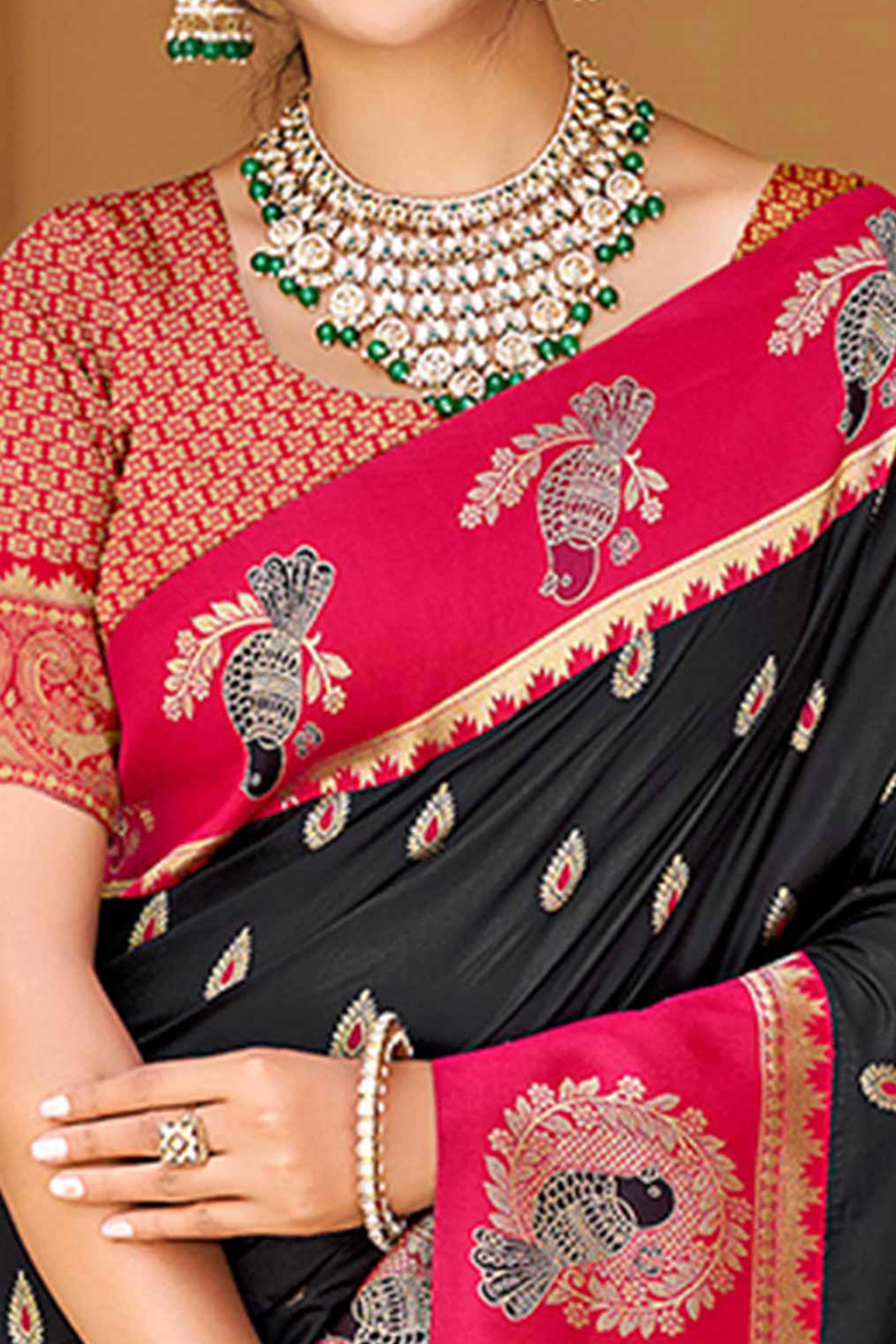 Stunning Black Floral Weaving Silk Blend Saree With Birds Design Border & Tassel Pallu - Image 2