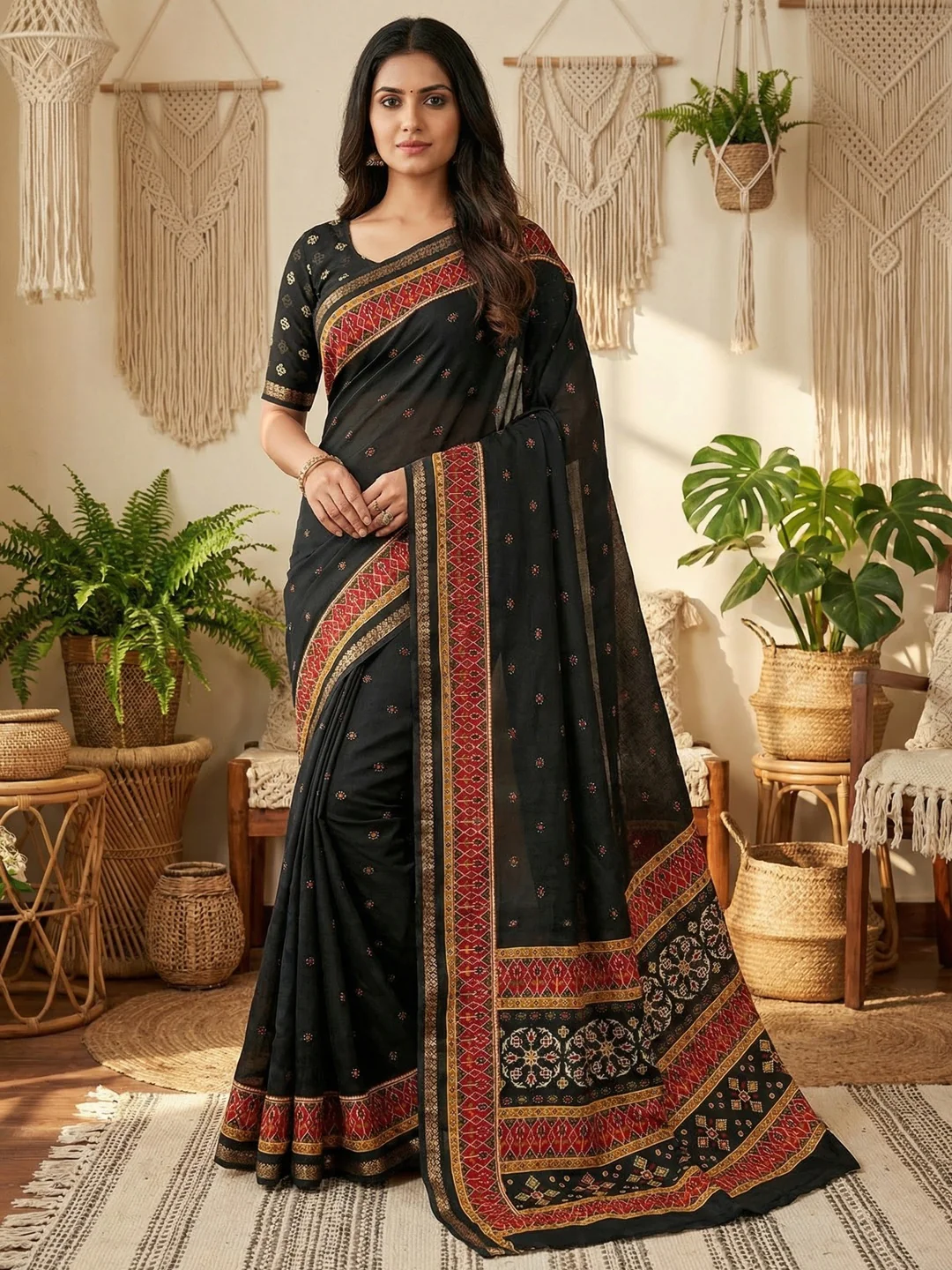 Stunning Black Viscose Saree with Patola Print Border & Graceful Look