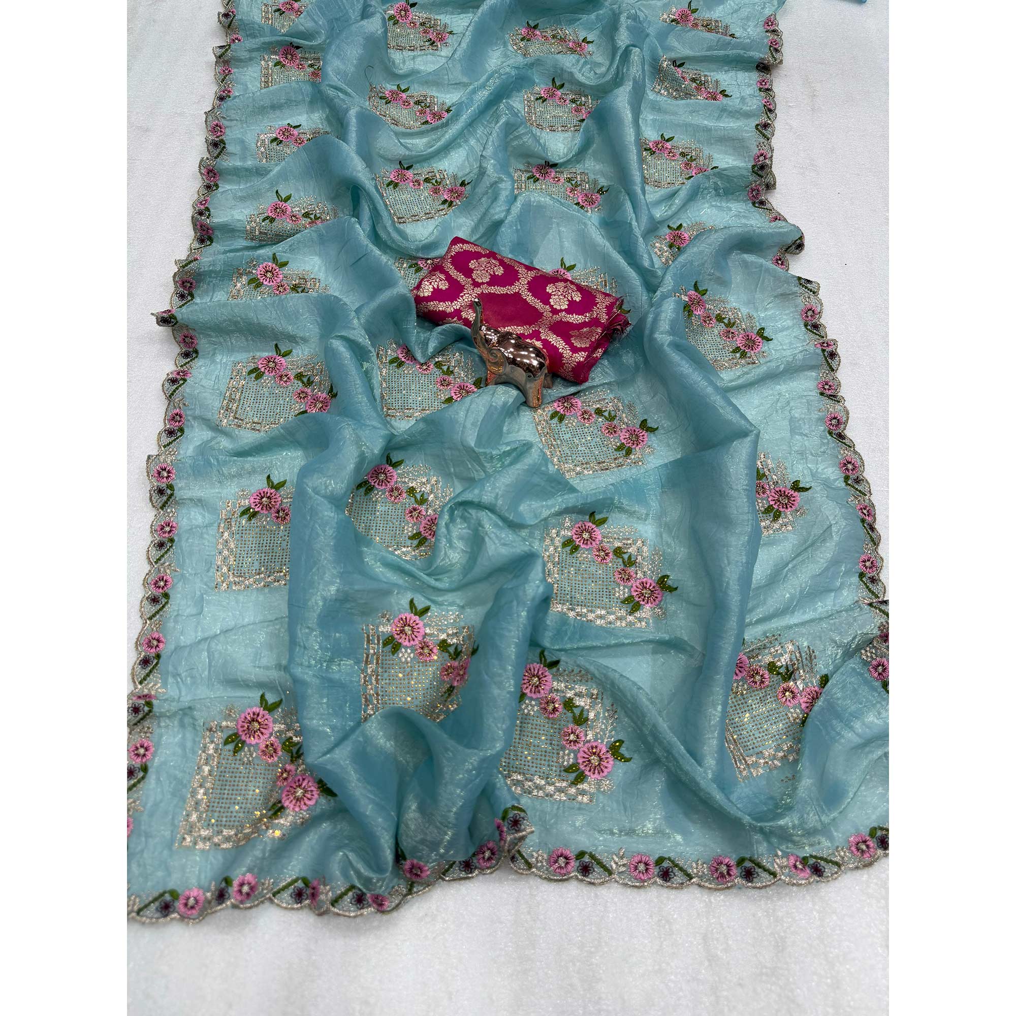 Stunning Blue Floral Embroidery & Swarovski Adorned Paper Silk Saree with Cutwork Border - Image 3