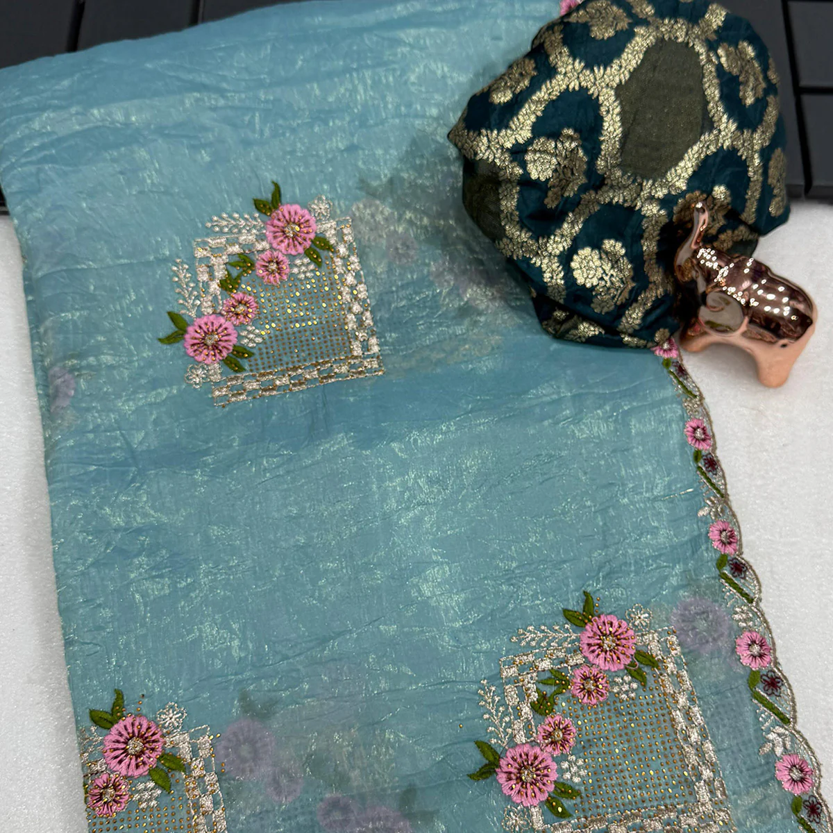 Stunning Blue Floral Embroidery & Swarovski Adorned Paper Silk Saree with Cutwork Border - Image 2