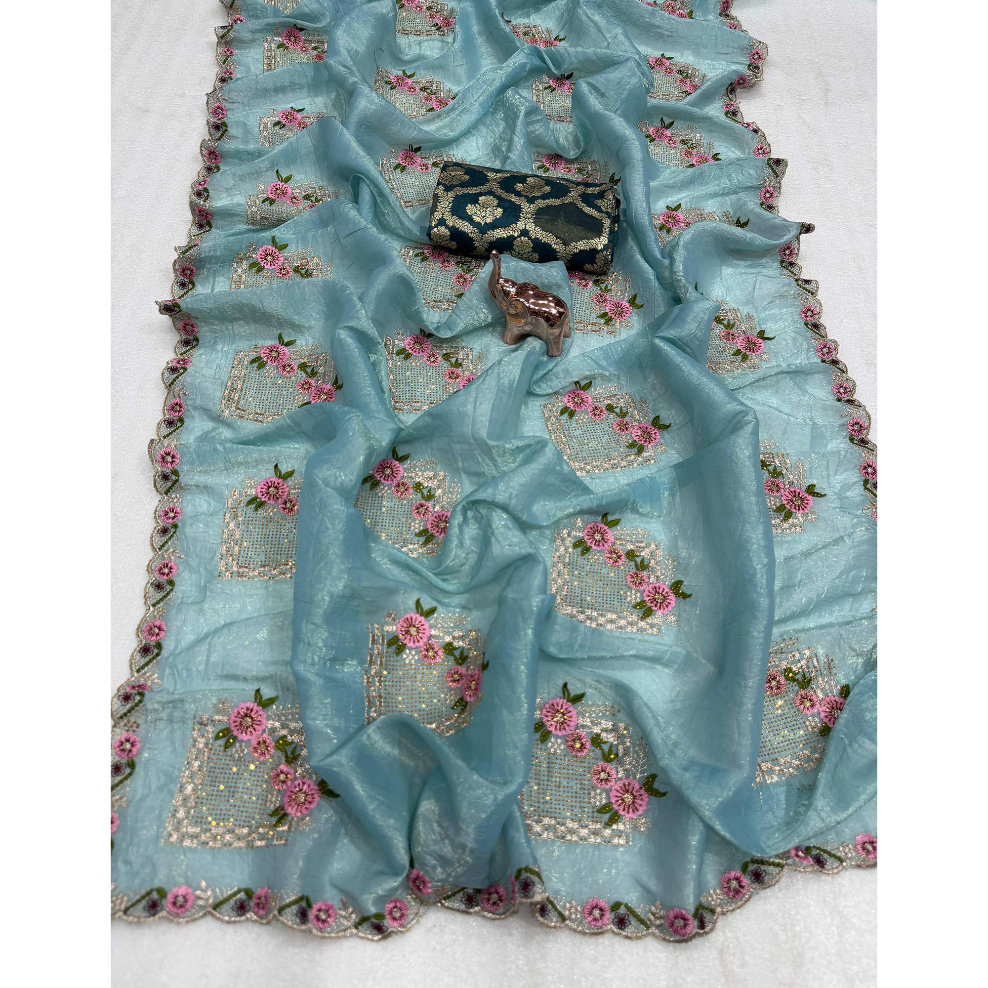 Stunning Blue Floral Embroidery & Swarovski Adorned Paper Silk Saree with Cutwork Border - Image 3