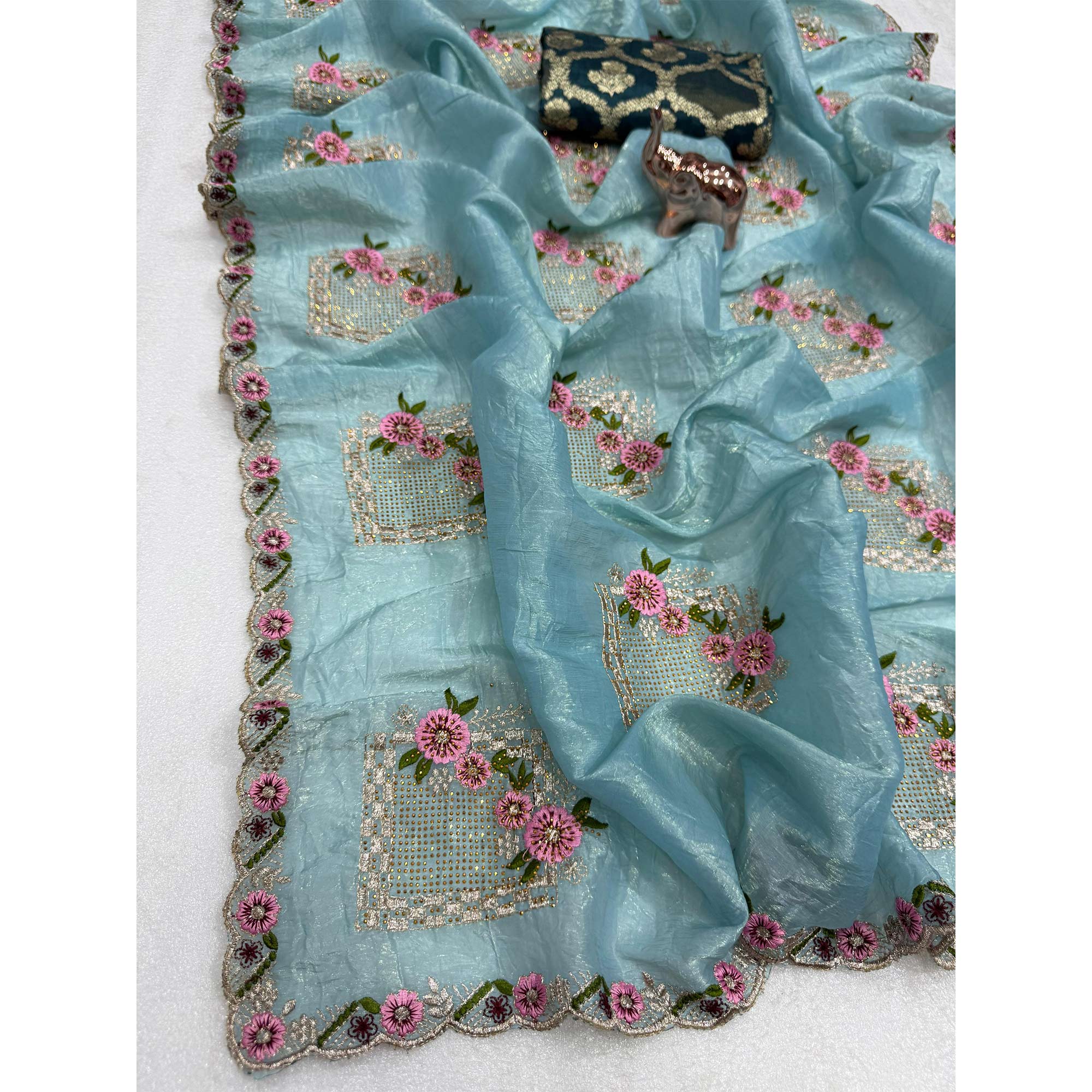 Stunning Blue Floral Embroidery & Swarovski Adorned Paper Silk Saree with Cutwork Border - Image 4