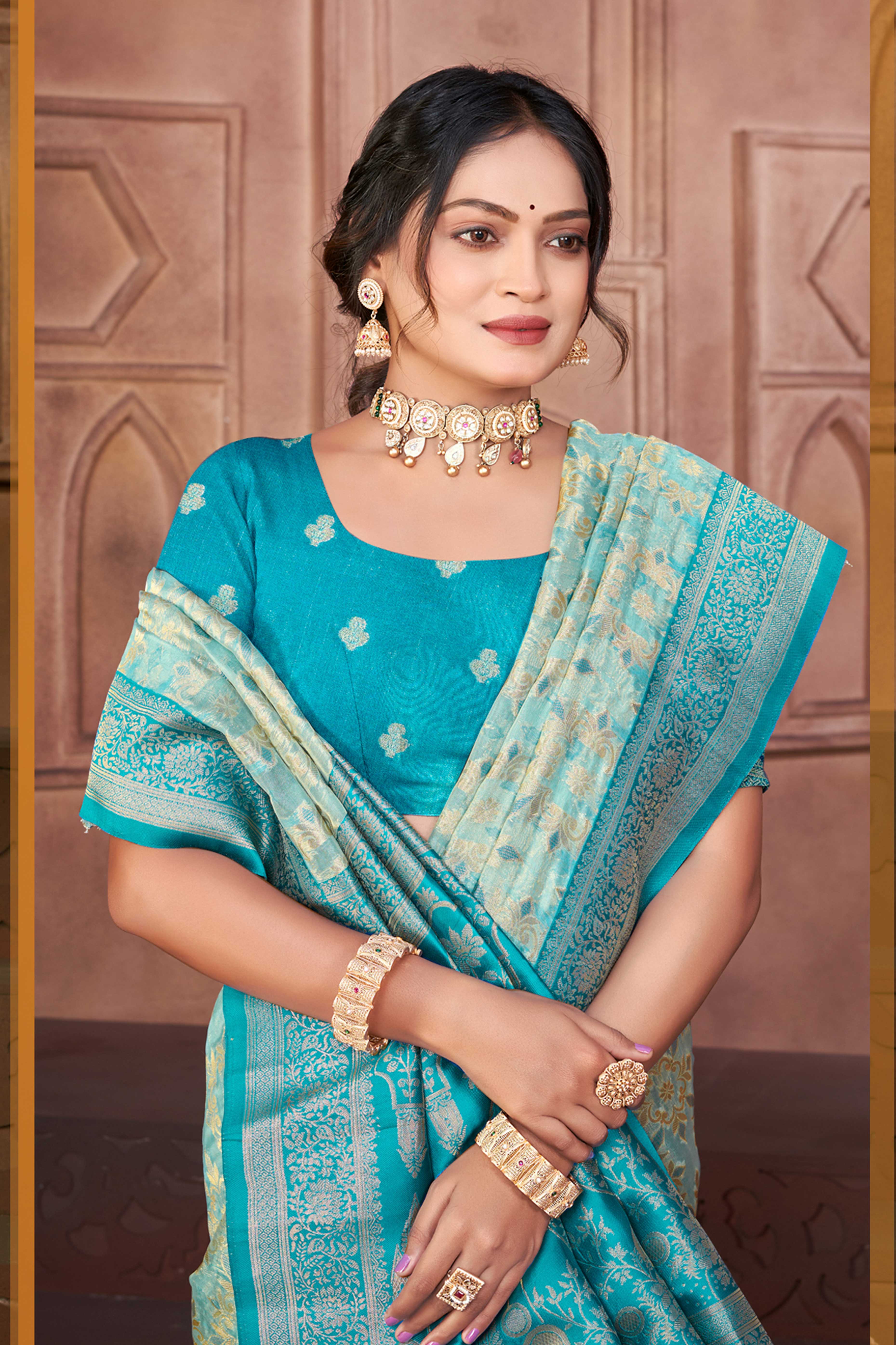 Stunning Blue Floral Weaving Silk Blend Saree Enhanced With A Stylish Tassel Pallu - Image 4