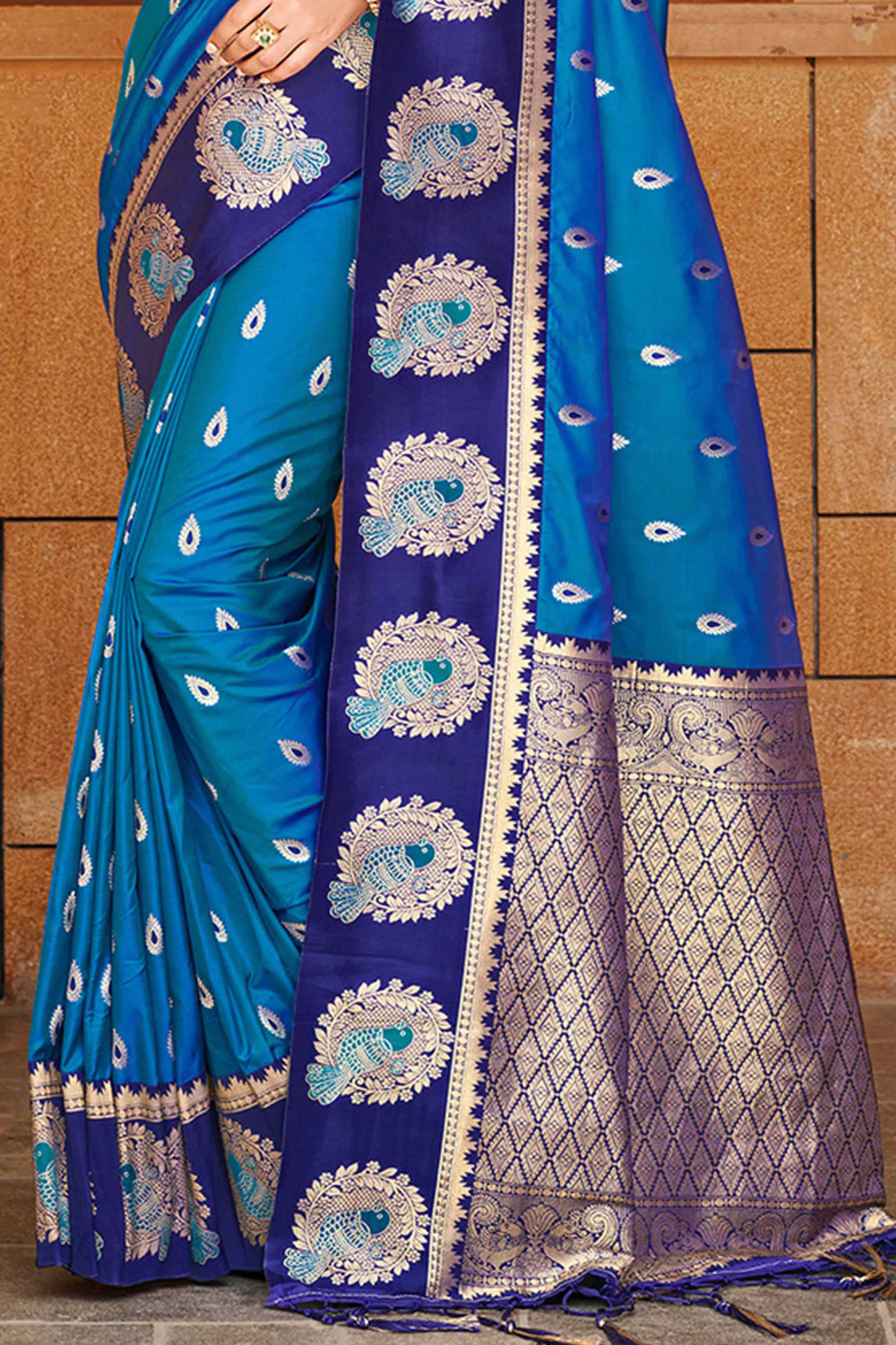 Stunning Blue Floral Weaving Silk Blend Saree With Birds Design Border & Tassel Pallu - Image 5