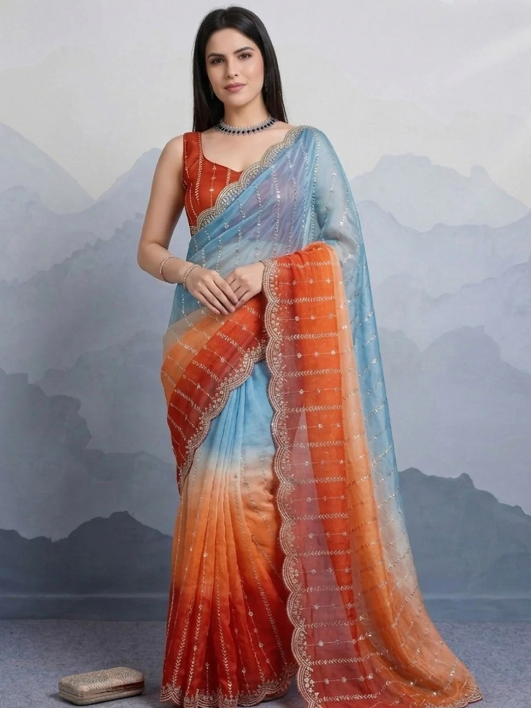 Stunning Blue & Orange Ombre Organza Satin Silk Saree With Sequins Embroidery & Scalloped Border