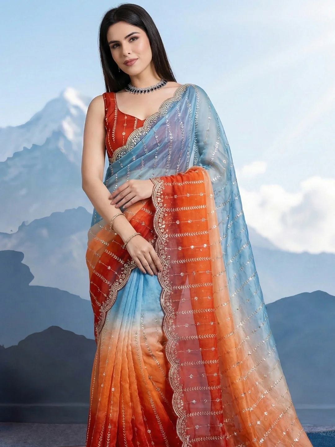 Stunning Blue & Orange Ombre Organza Satin Silk Saree With Sequins Embroidery & Scalloped Border - Image 4