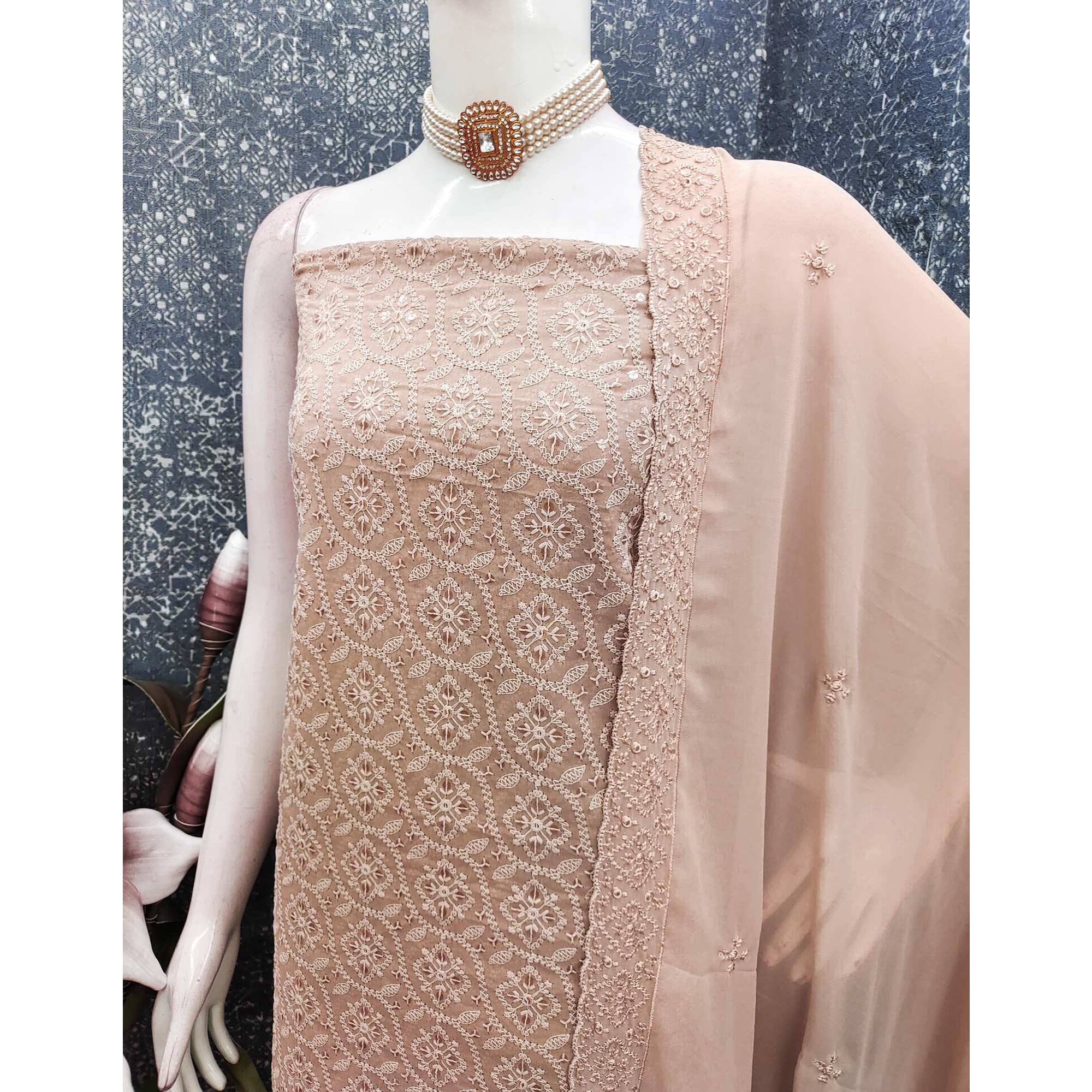 Stunning Brown Floral Embroidery With Sparkling Sequins Work Georgette Dress Material - Image 4