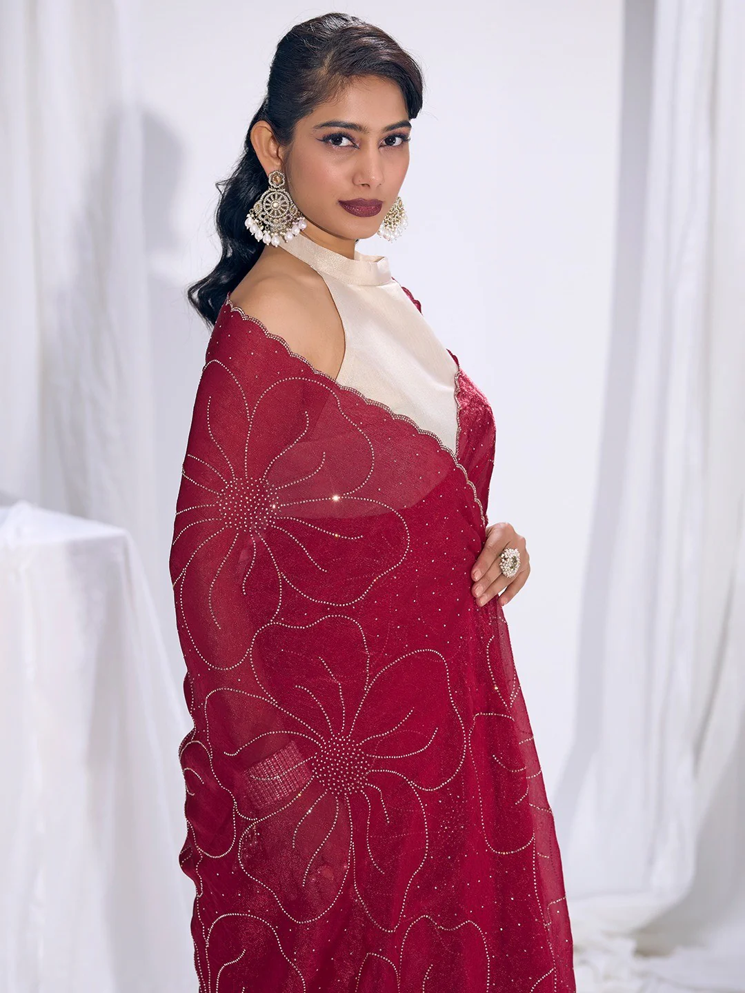 Stunning Cherry Red Satin Silk Saree Highlighting Floral Stone Work Craftsmanship - Image 4