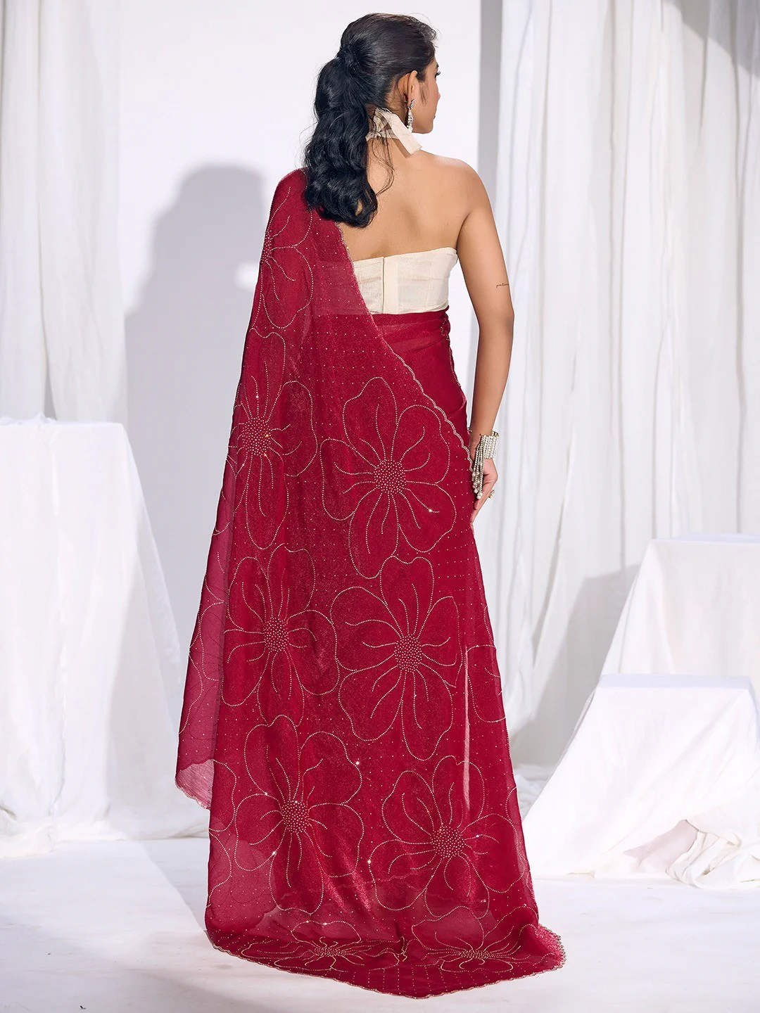 Stunning Cherry Red Satin Silk Saree Highlighting Floral Stone Work Craftsmanship - Image 5