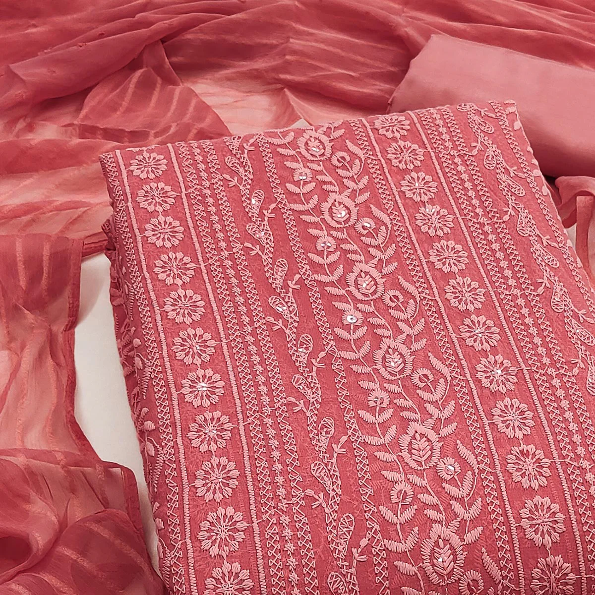 Stunning Coral Pink Floral Embroidery With Sparkling Sequins Work Georgette Dress Material - Image 2