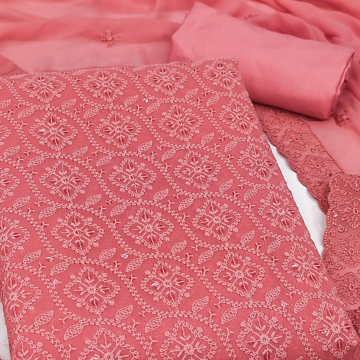 Stunning Coral Pink Floral Embroidery With Sparkling Sequins Work Georgette Dress Material - Image 2