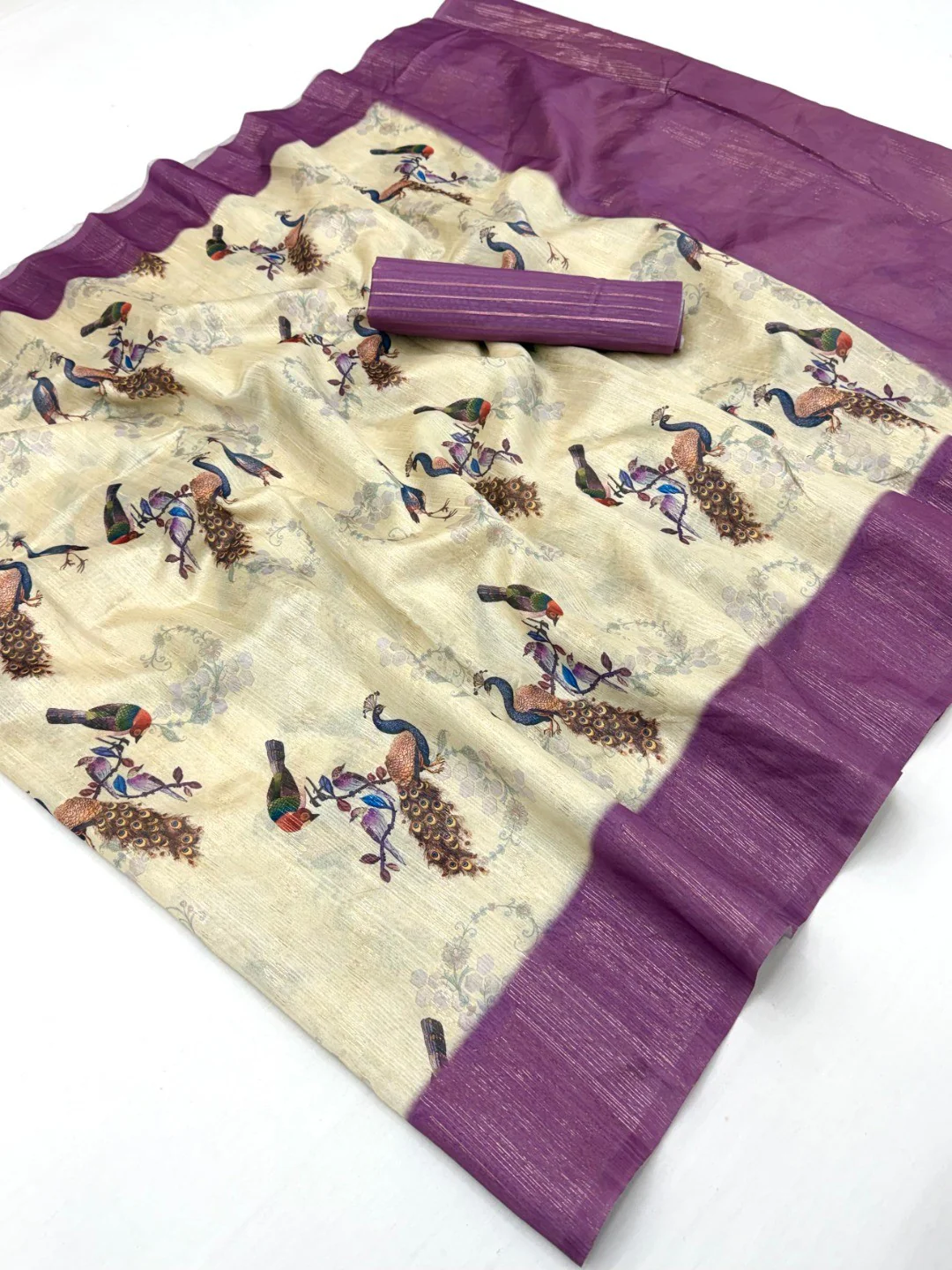 Stunning Cream & Purple Digital Printed Cotton Blend Saree With Peacock Motifs - Image 3