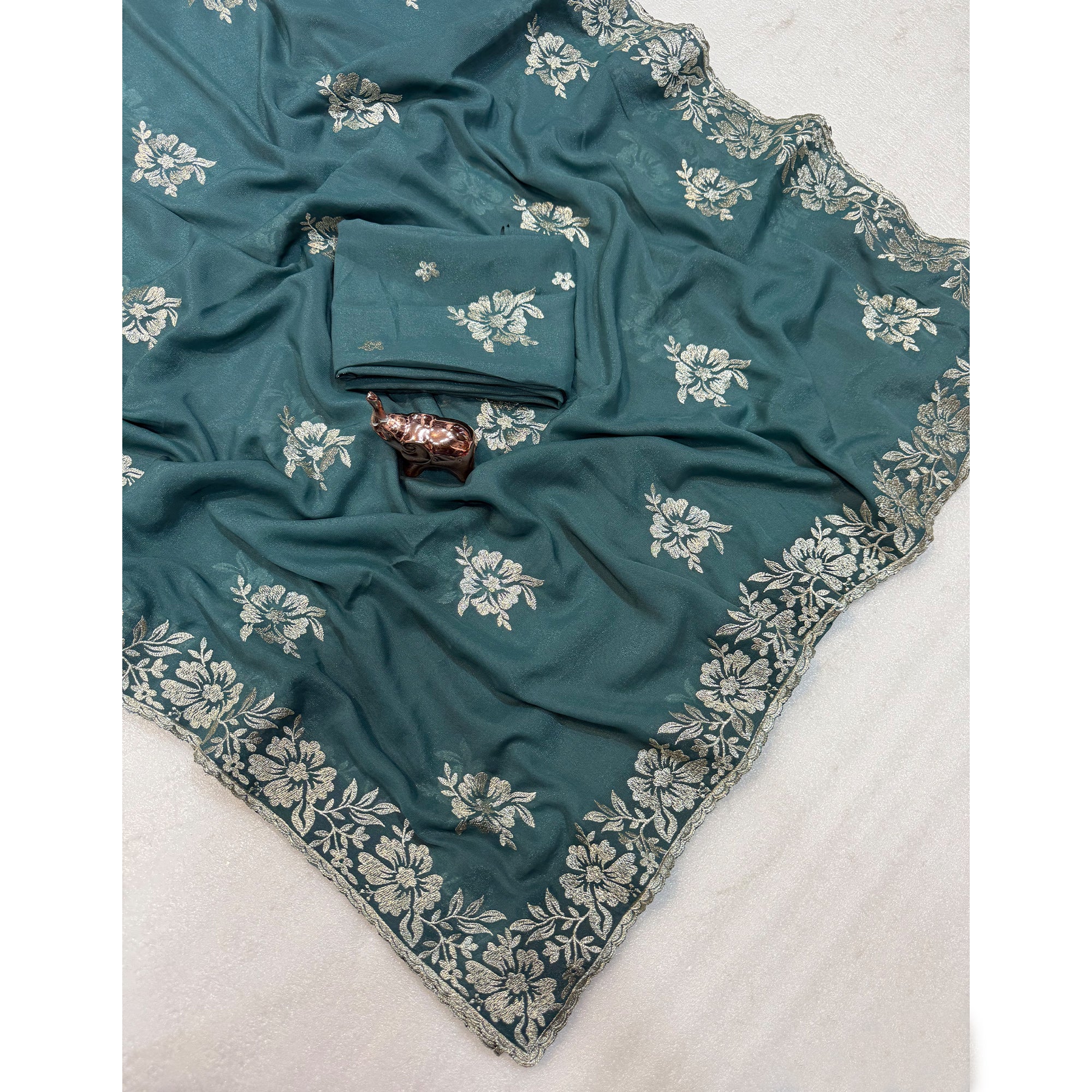 Stunning Dusty Turquoise Georgette Saree with Floral Zari Embroidery & Ornate Cutwork Border - Image 3
