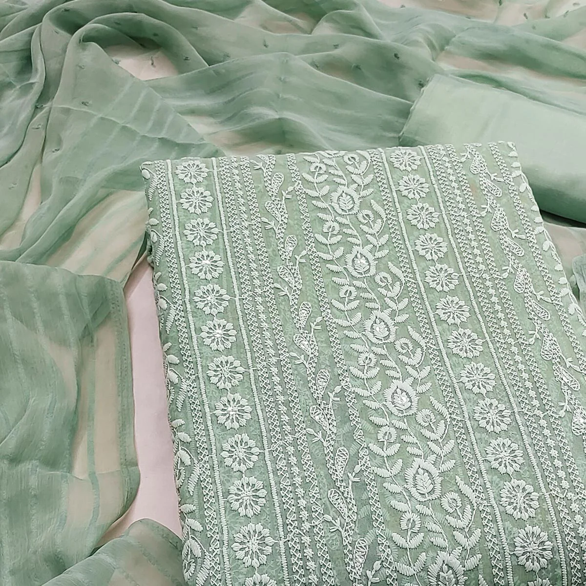 Stunning Green Floral Embroidery With Sparkling Sequins Work Georgette Dress Material - Image 2